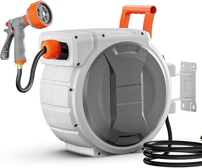 Retractable Garden Hose Reel, 145 ft Heavy Duty Garden Hose Reel with 9 Patterns Nozzle