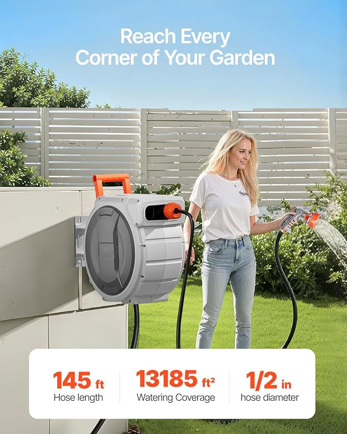 Retractable Garden Hose Reel, 145 ft Heavy Duty Garden Hose Reel with 9 Patterns Nozzle