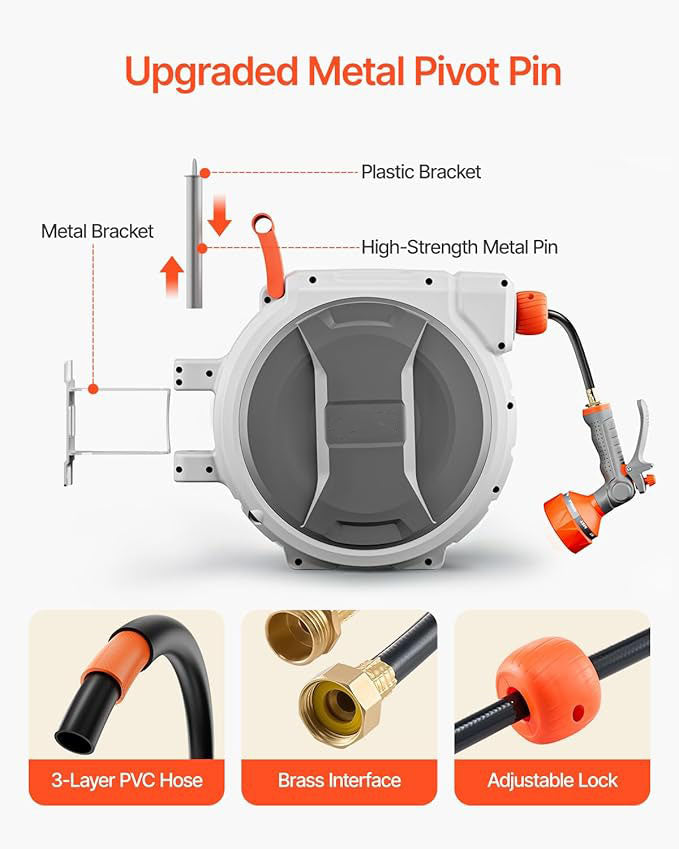 Retractable Garden Hose Reel, 145 ft Heavy Duty Garden Hose Reel with 9 Patterns Nozzle
