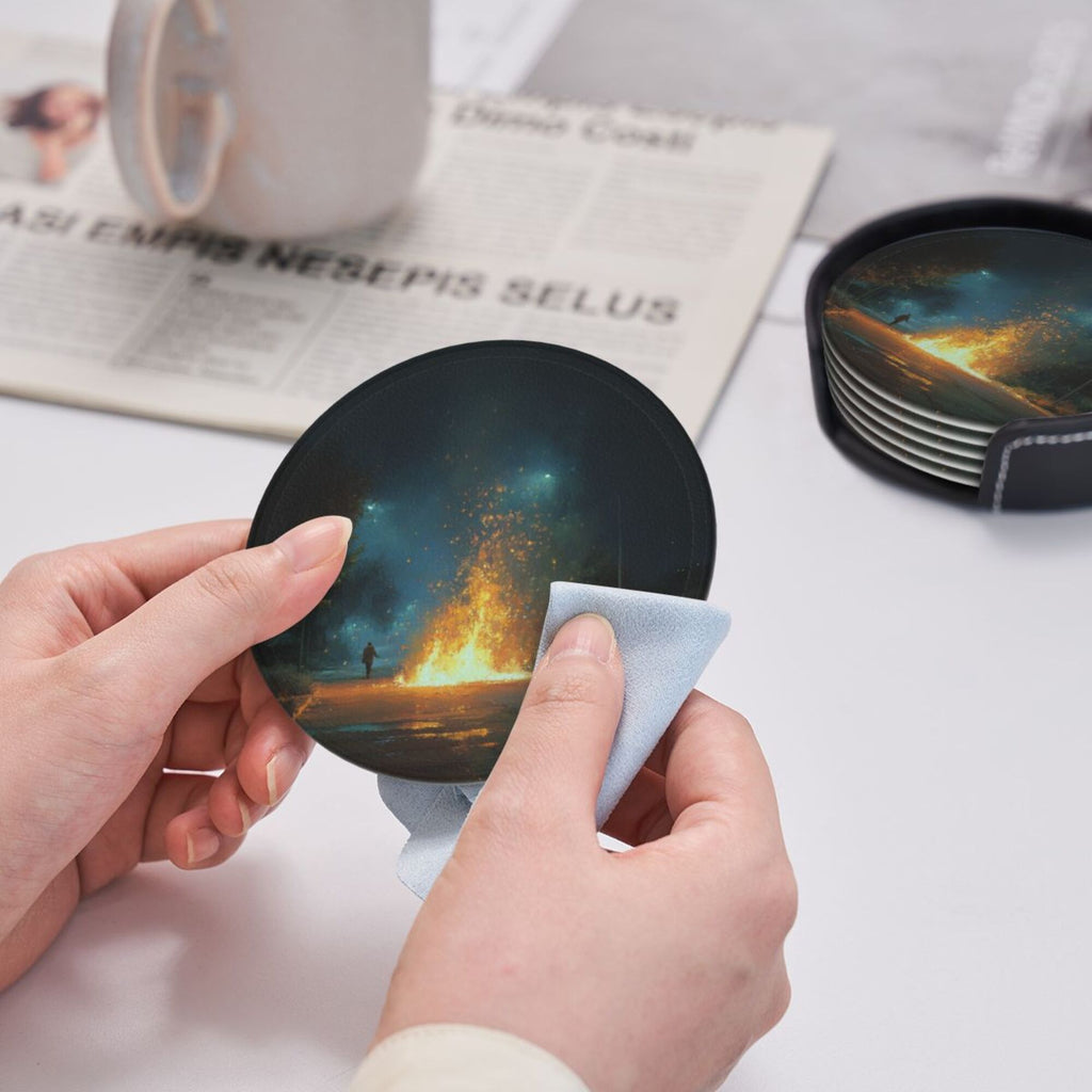 6 - Pack Round Leather Coasters: Artistic Patterns, Exquisite Storage, Protecting the Desktop