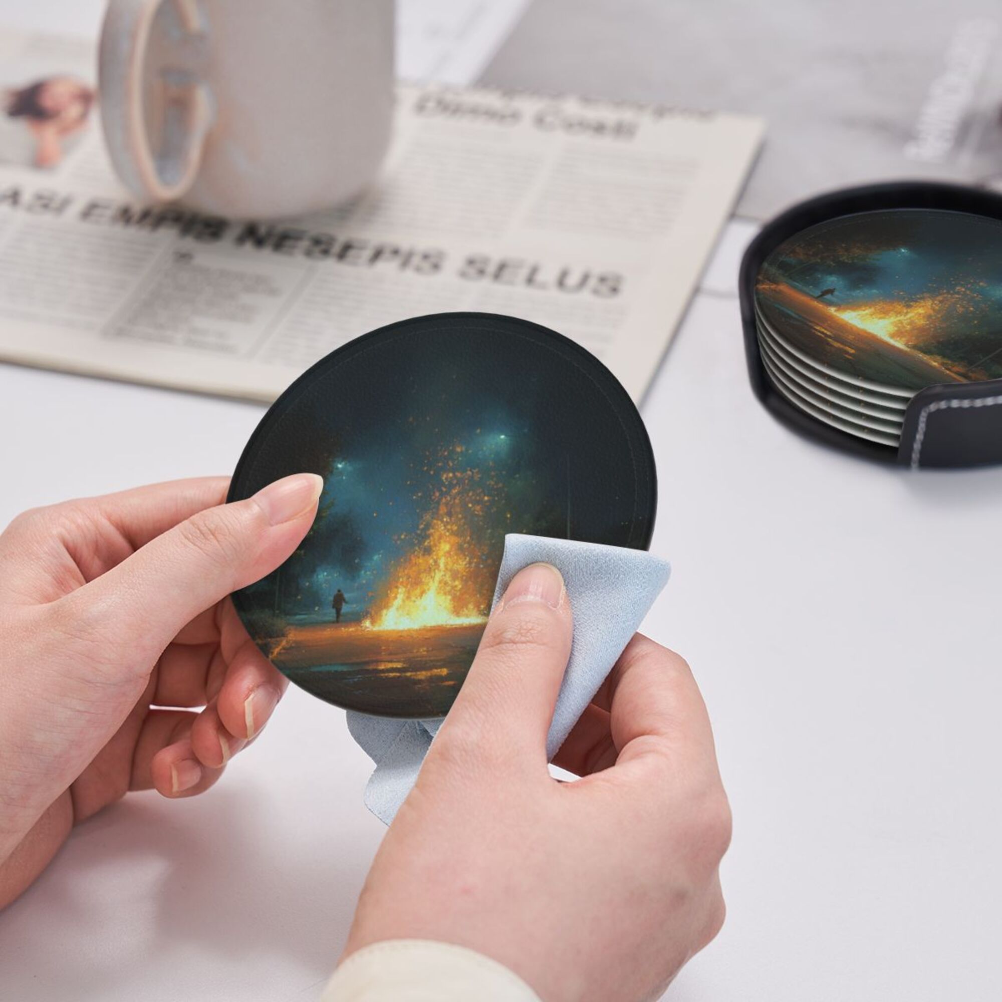 6 - Pack Round Leather Coasters: Artistic Patterns, Exquisite Storage, Protecting the Desktop
