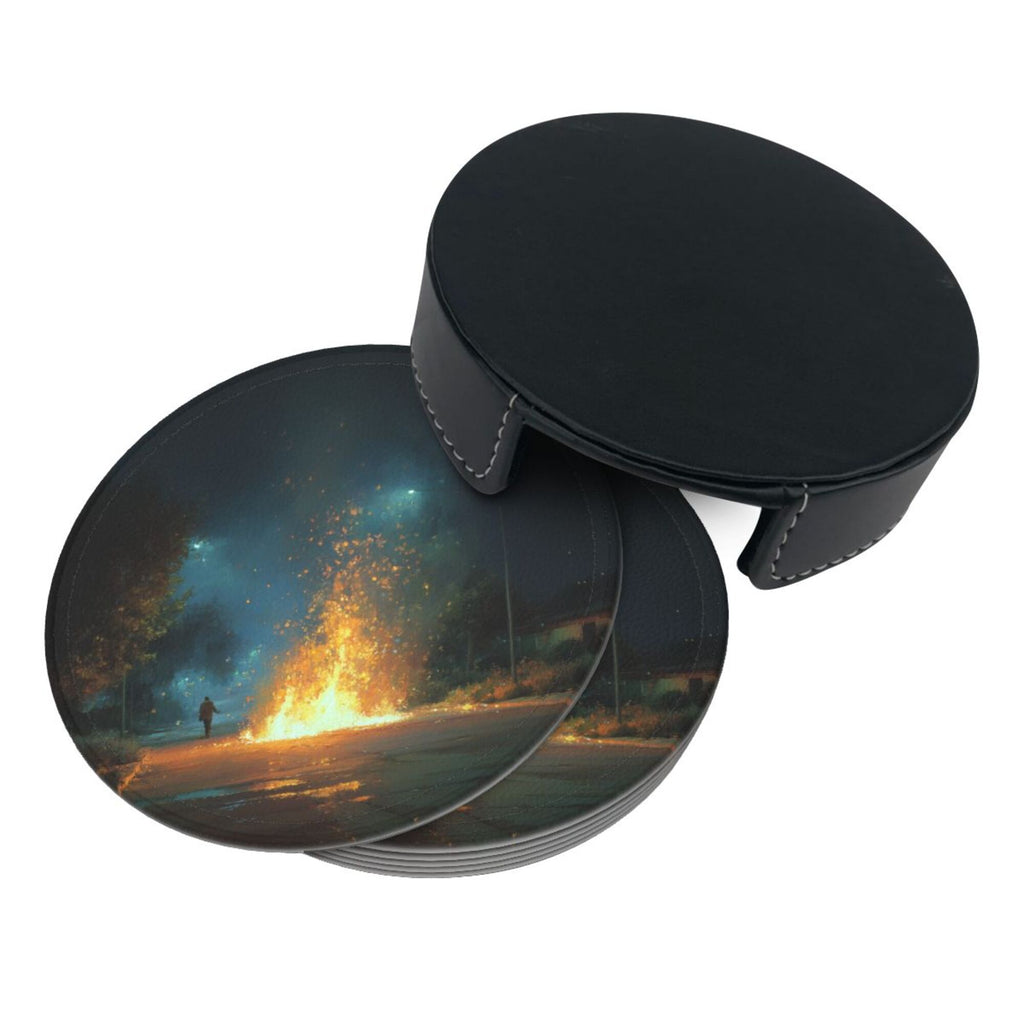 6 - Pack Round Leather Coasters: Artistic Patterns, Exquisite Storage, Protecting the Desktop