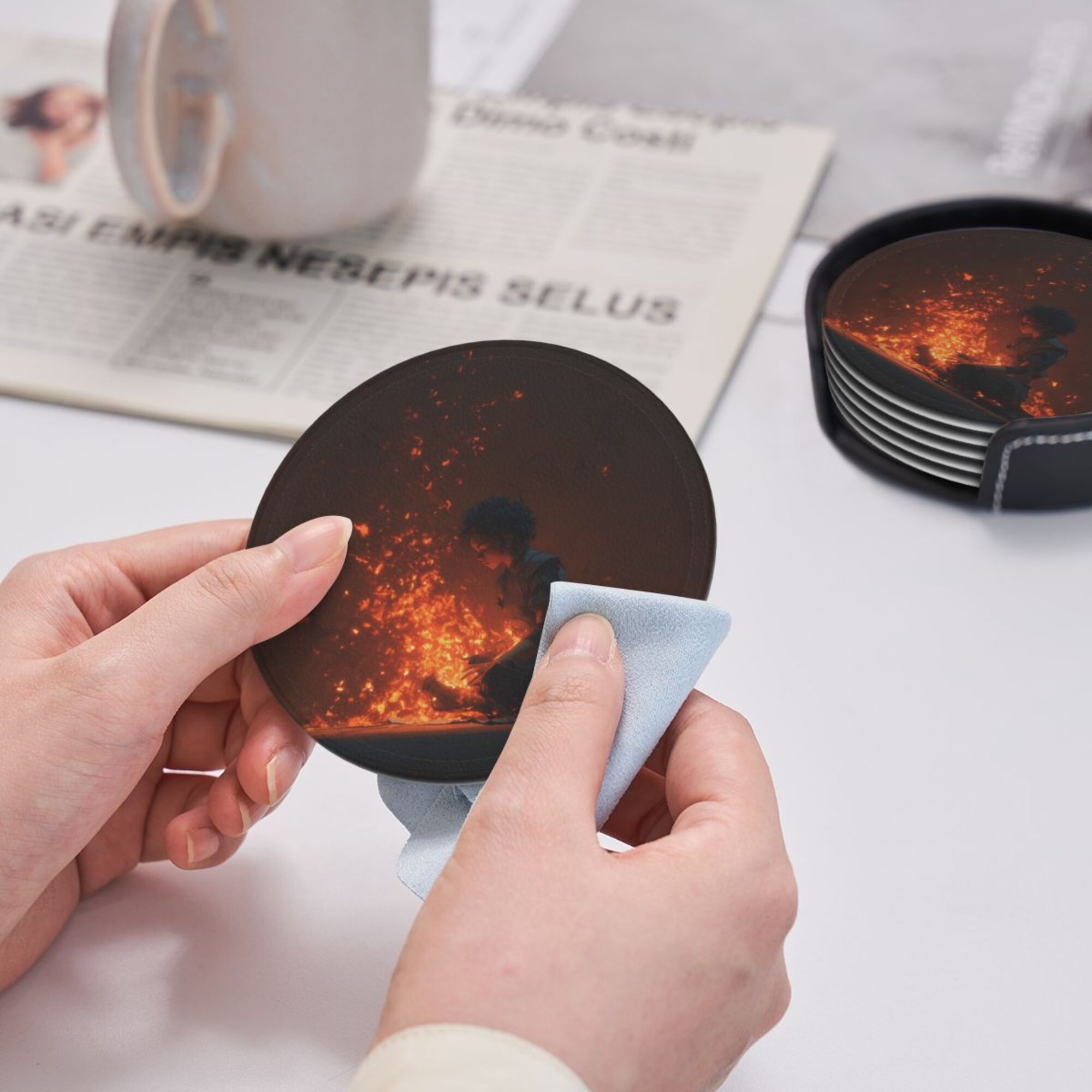 6 - Pack Round Leather Coasters: With Artistic Patterns, Thoughtful Storage, A Great Item to Protect the Desktop