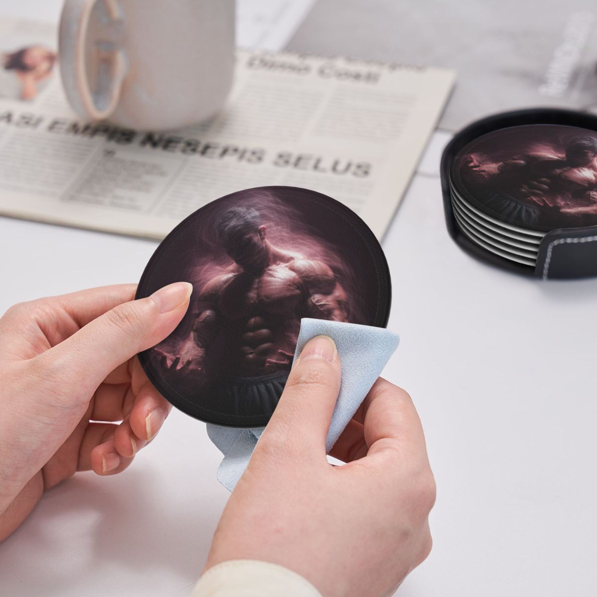 6 - Pack Round Leather Coasters: Personalized Patterns, Thoughtful Storage, A Great Helper for Desktop Protection