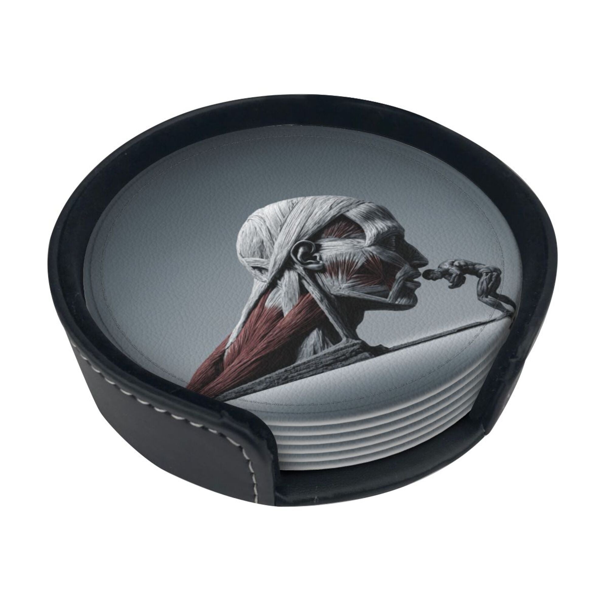 6 - Pack Round Leather Coasters: Creative Human Muscle Pattern, Exquisite Storage, Protecting the Desktop
