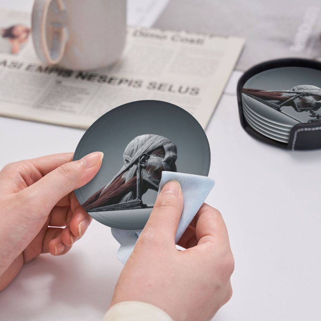 6 - Pack Round Leather Coasters: Creative Human Muscle Pattern, Exquisite Storage, Protecting the Desktop