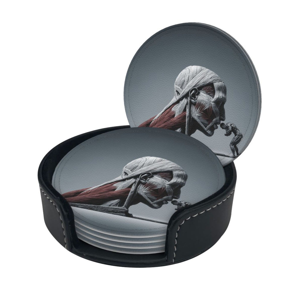 6 - Pack Round Leather Coasters: Creative Human Muscle Pattern, Exquisite Storage, Protecting the Desktop
