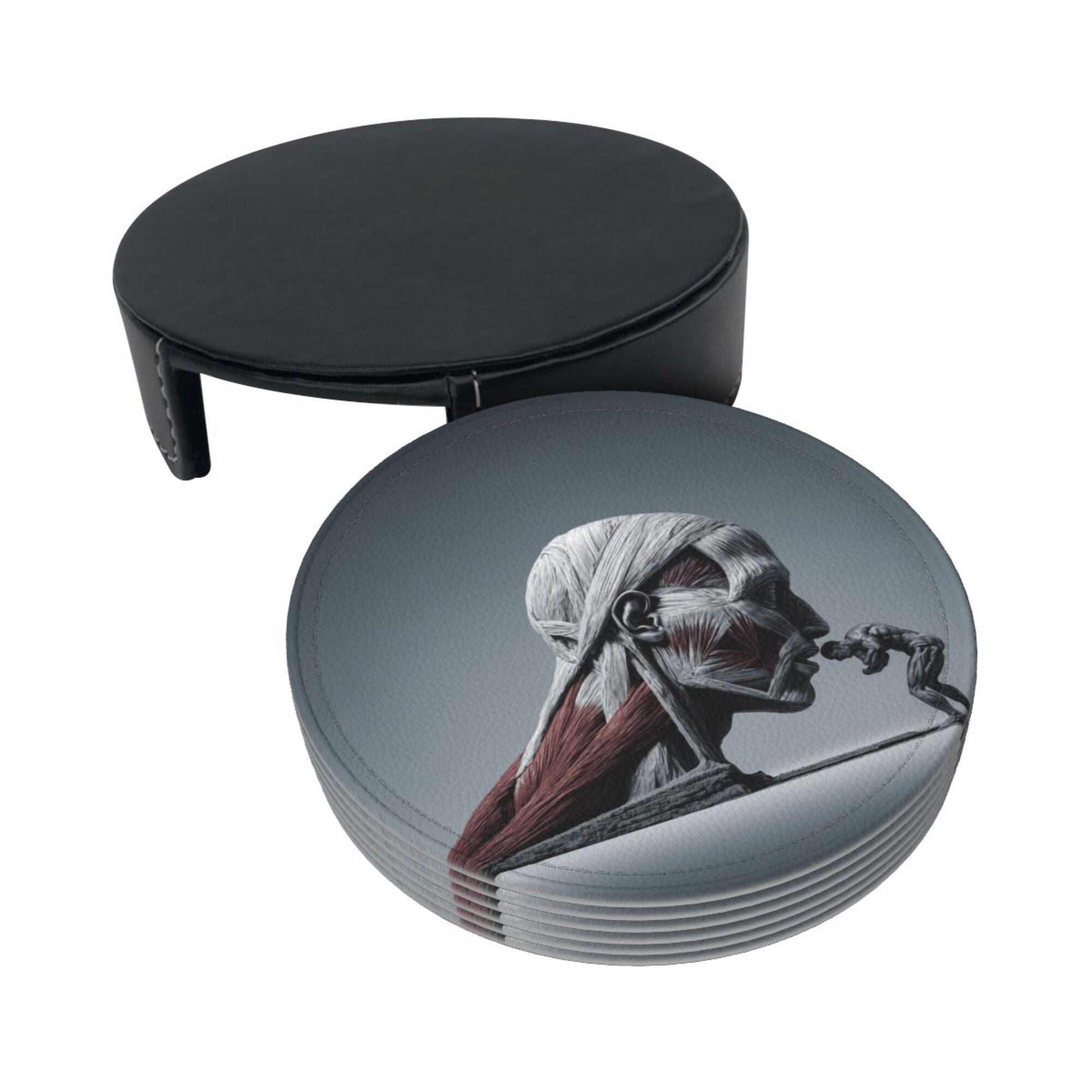 6 - Pack Round Leather Coasters: Creative Human Muscle Pattern, Exquisite Storage, Protecting the Desktop