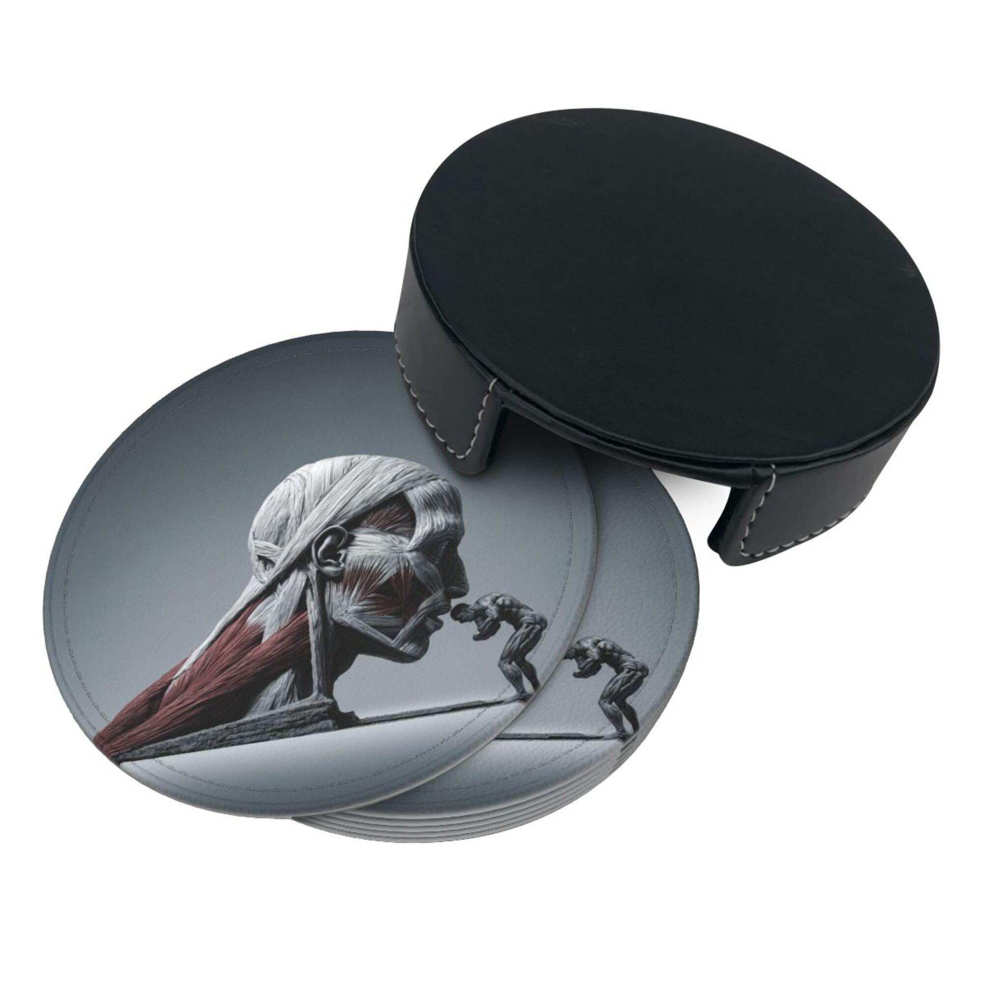 6 - Pack Round Leather Coasters: Creative Human Muscle Pattern, Exquisite Storage, Protecting the Desktop