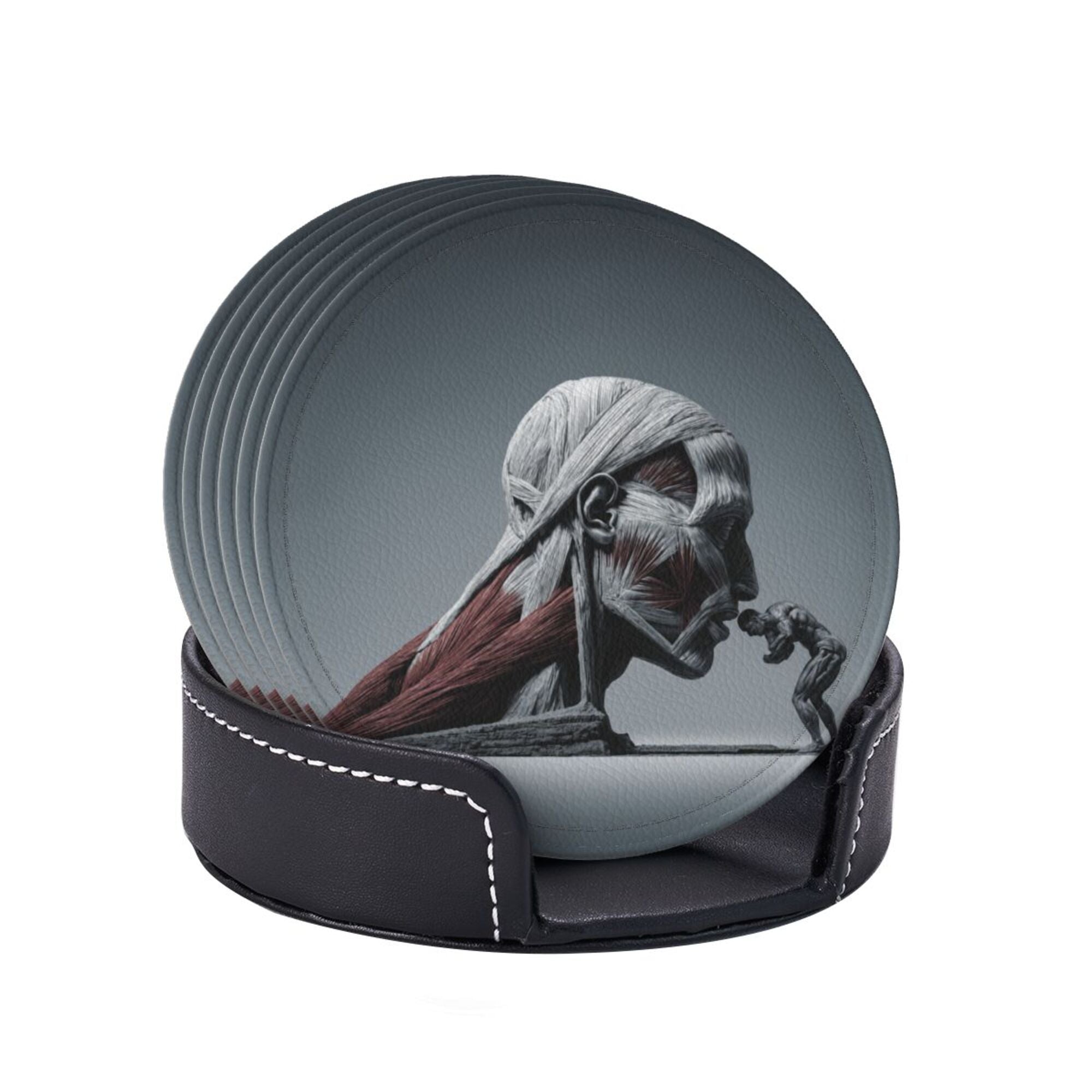6 - Pack Round Leather Coasters: Creative Human Muscle Pattern, Exquisite Storage, Protecting the Desktop