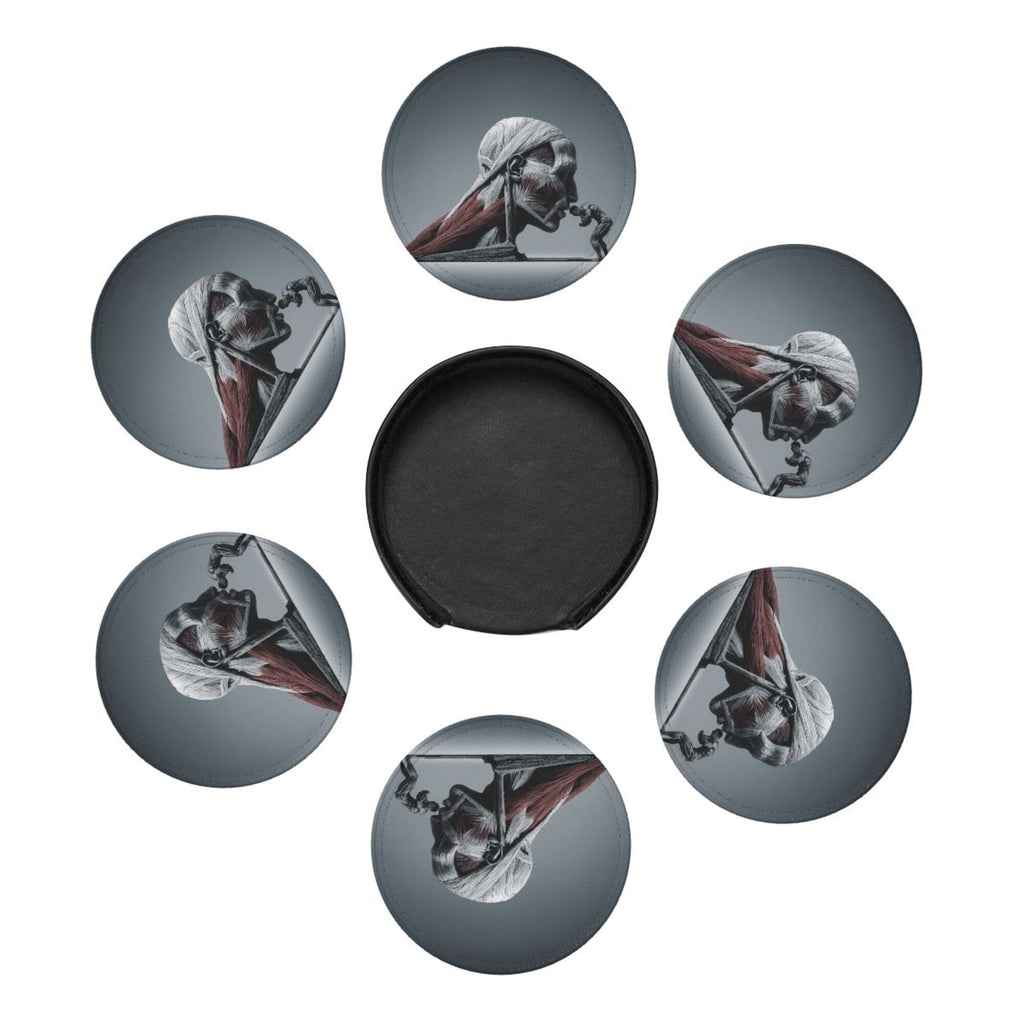 6 - Pack Round Leather Coasters: Creative Human Muscle Pattern, Exquisite Storage, Protecting the Desktop