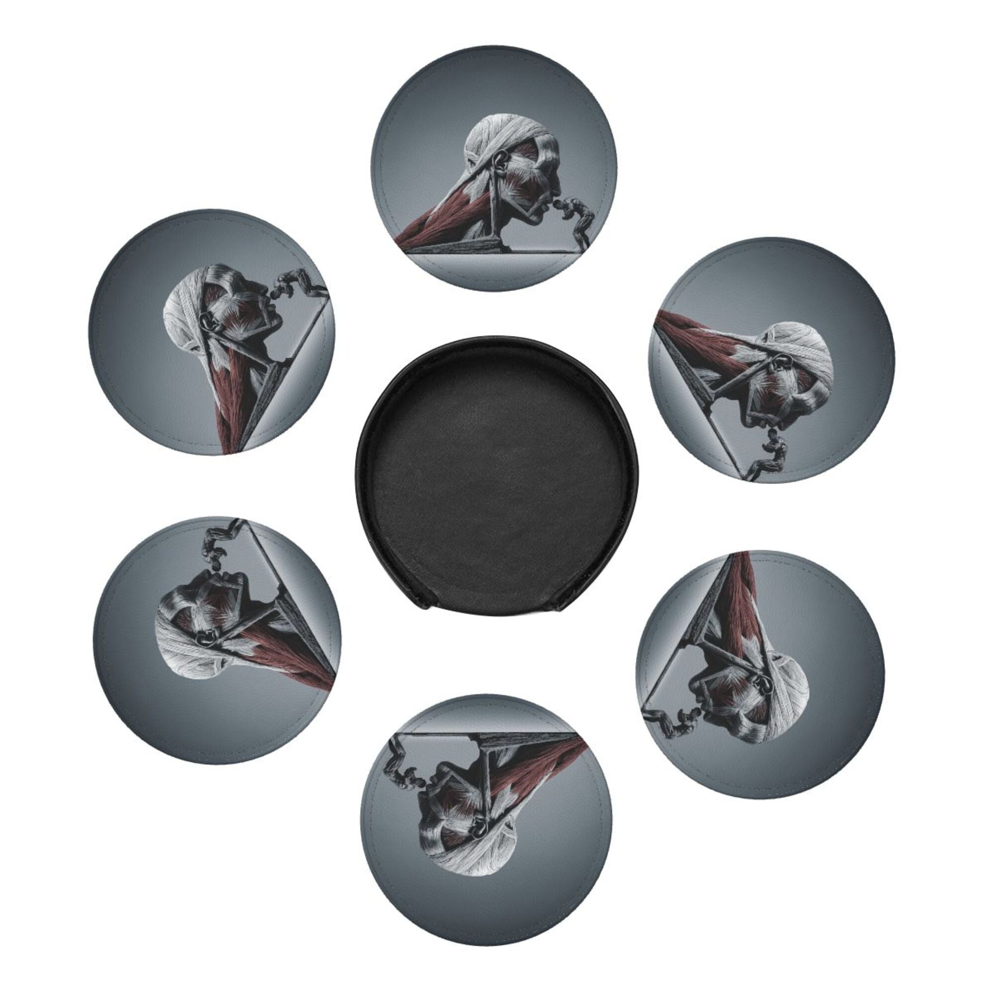 6 - Pack Round Leather Coasters: Creative Human Muscle Pattern, Exquisite Storage, Protecting the Desktop