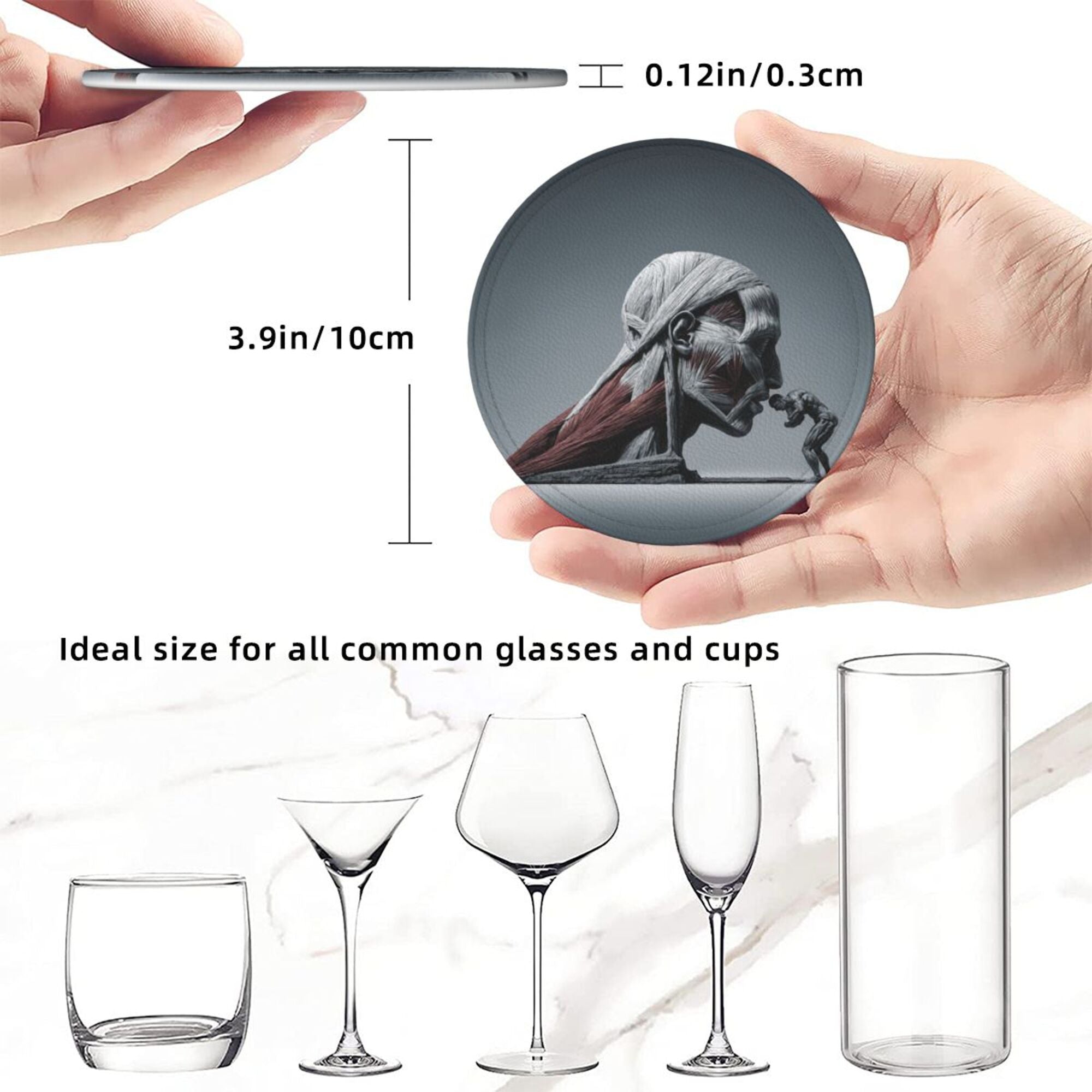 6 - Pack Round Leather Coasters: Creative Human Muscle Pattern, Exquisite Storage, Protecting the Desktop