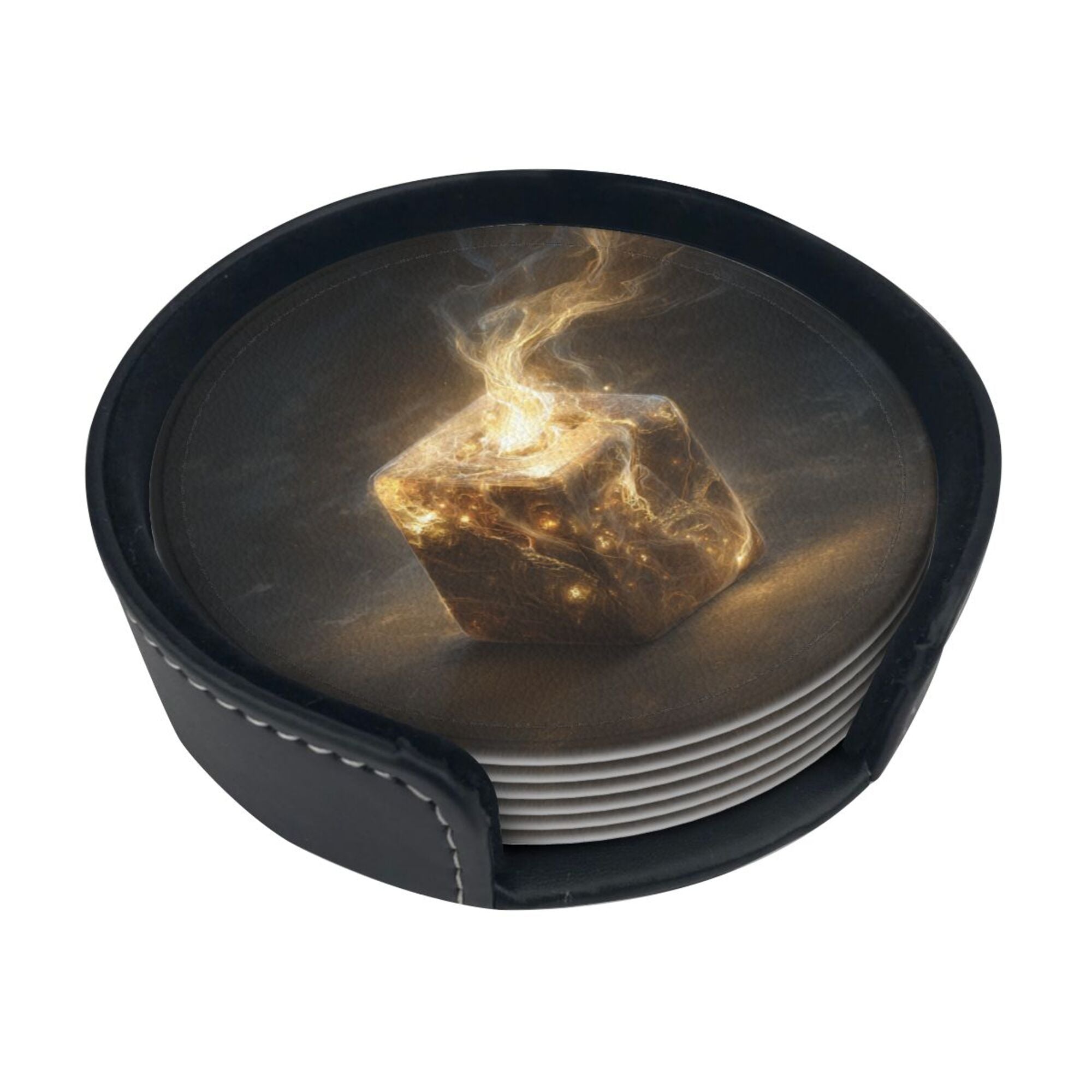 6 - Pack Round Leather Coasters: Mysterious Glowing Cube Pattern, Exquisite Storage, Protecting the Desktop