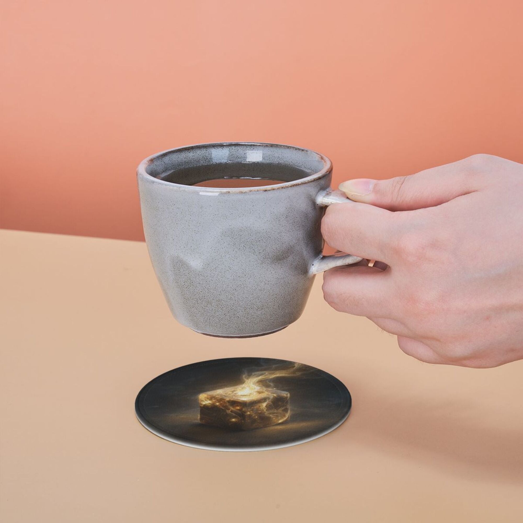 6 - Pack Round Leather Coasters: Mysterious Glowing Cube Pattern, Exquisite Storage, Protecting the Desktop