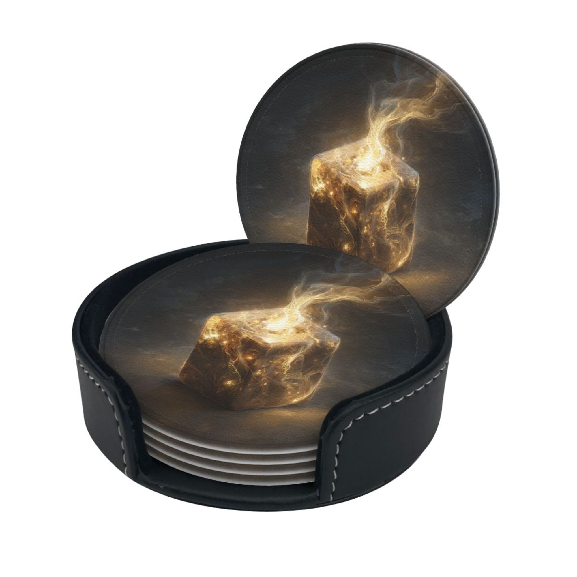 6 - Pack Round Leather Coasters: Mysterious Glowing Cube Pattern, Exquisite Storage, Protecting the Desktop