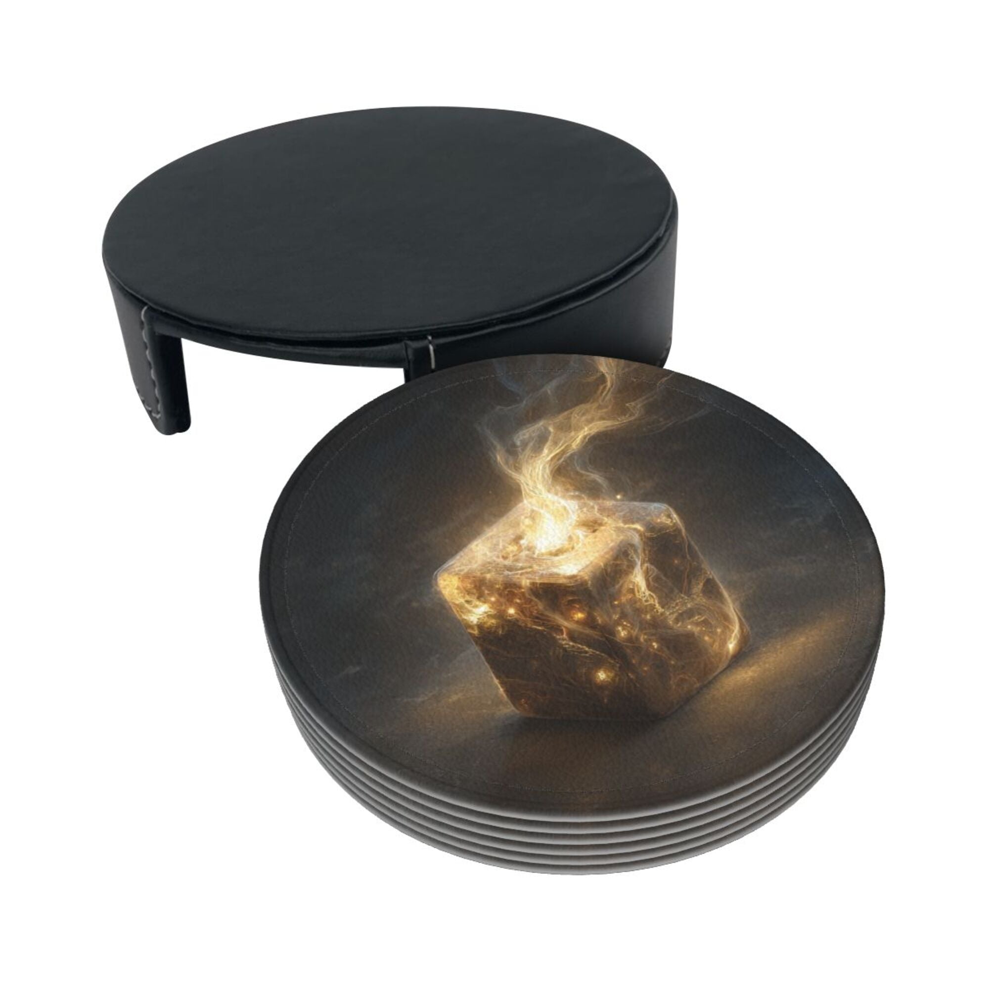 6 - Pack Round Leather Coasters: Mysterious Glowing Cube Pattern, Exquisite Storage, Protecting the Desktop