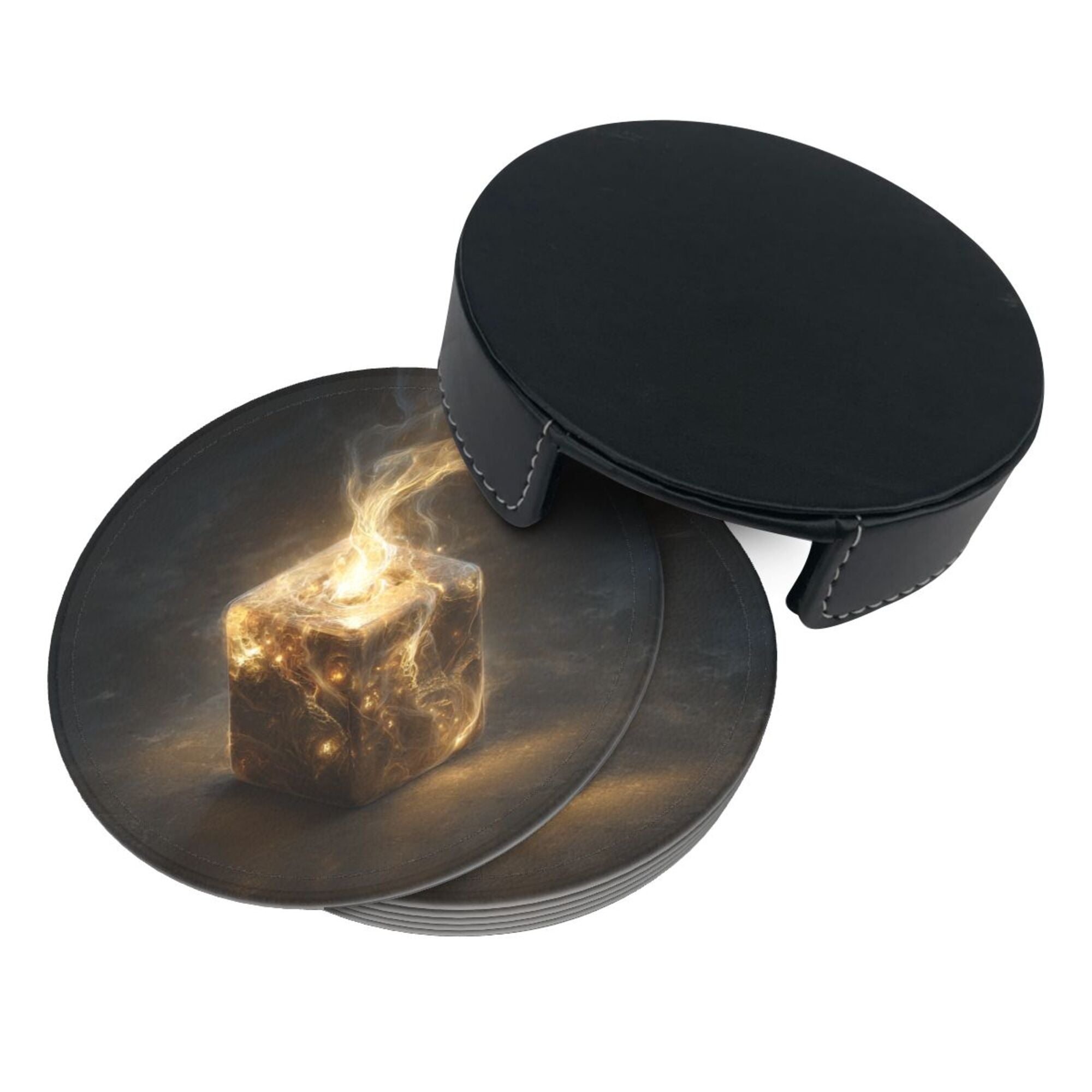 6 - Pack Round Leather Coasters: Mysterious Glowing Cube Pattern, Exquisite Storage, Protecting the Desktop