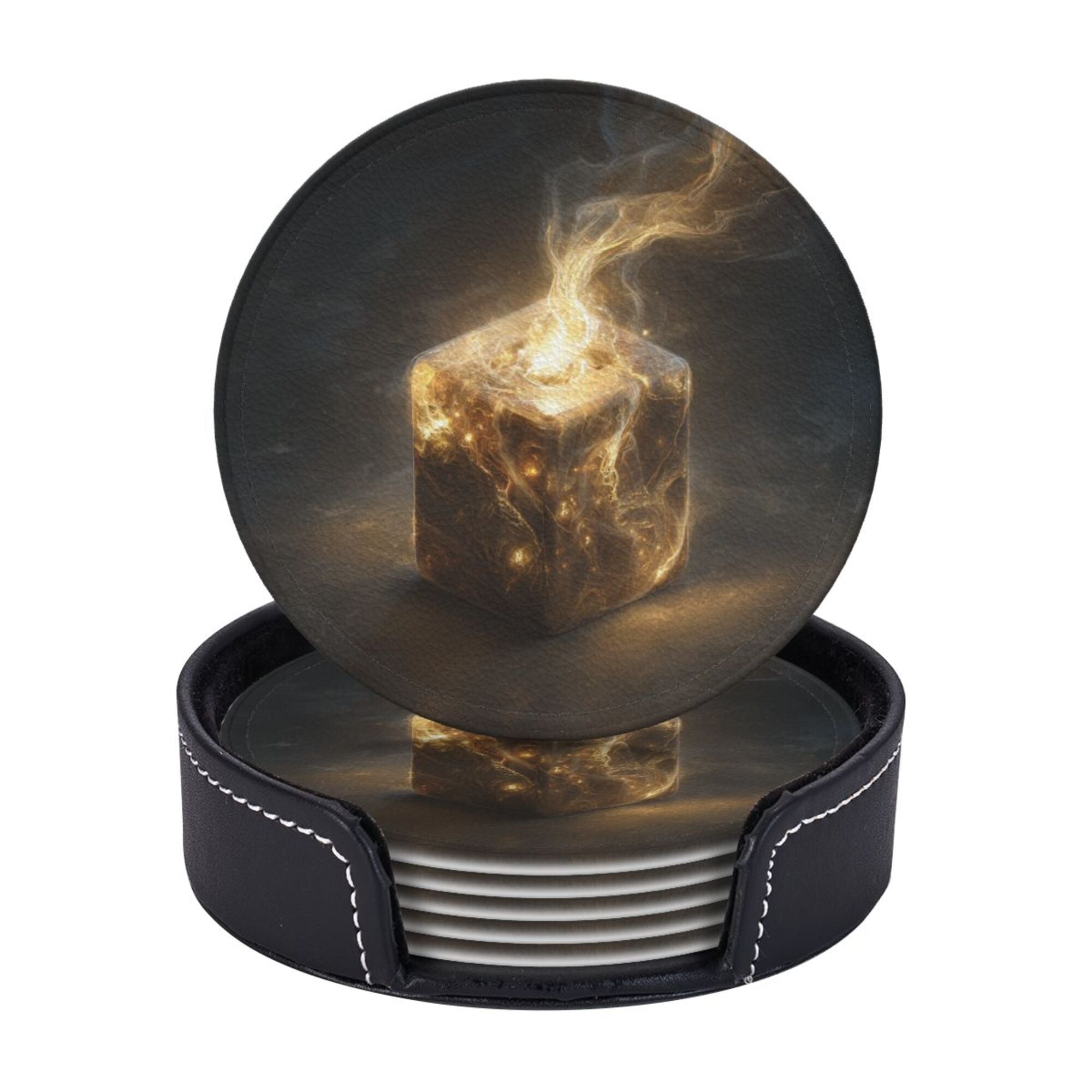 6 - Pack Round Leather Coasters: Mysterious Glowing Cube Pattern, Exquisite Storage, Protecting the Desktop