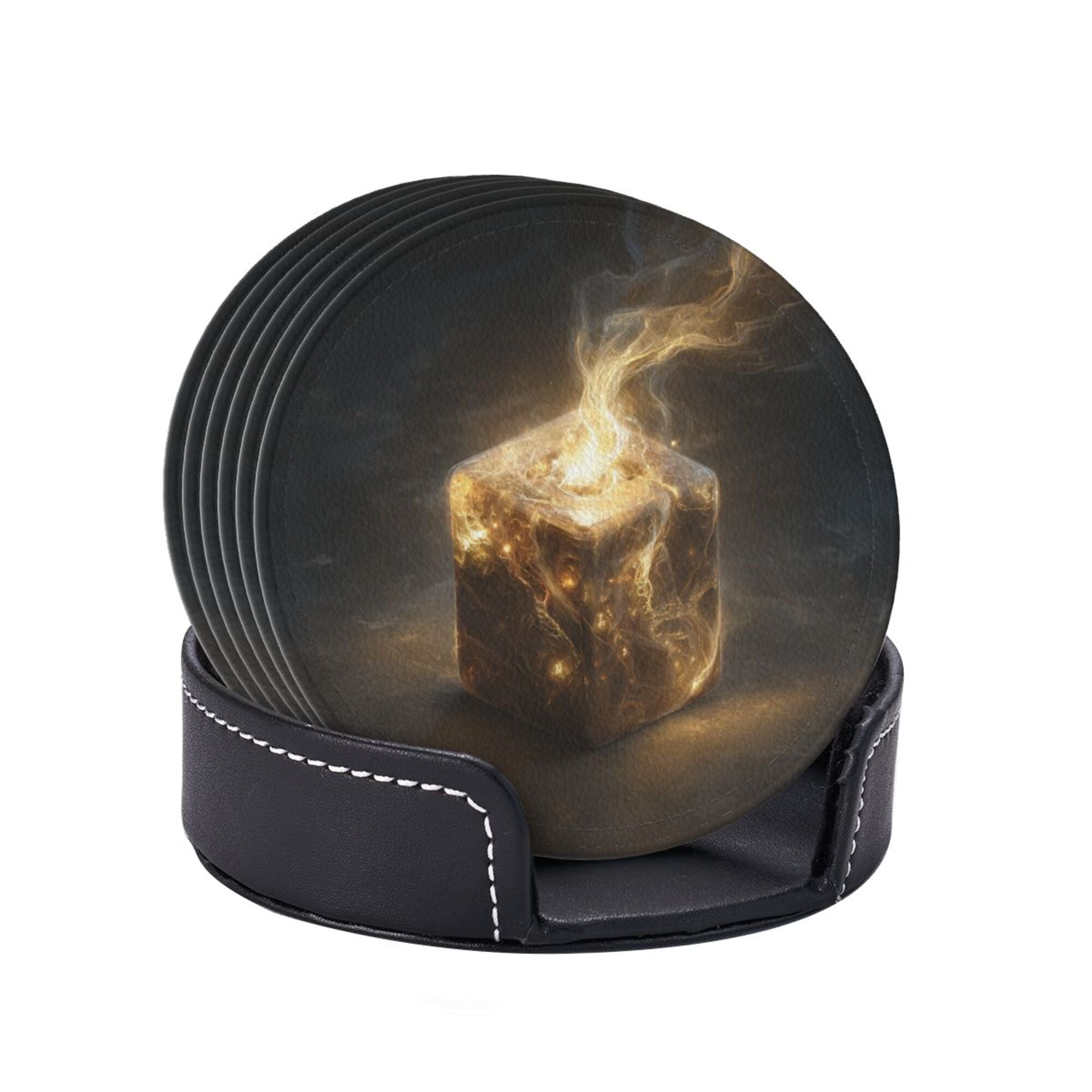6 - Pack Round Leather Coasters: Mysterious Glowing Cube Pattern, Exquisite Storage, Protecting the Desktop