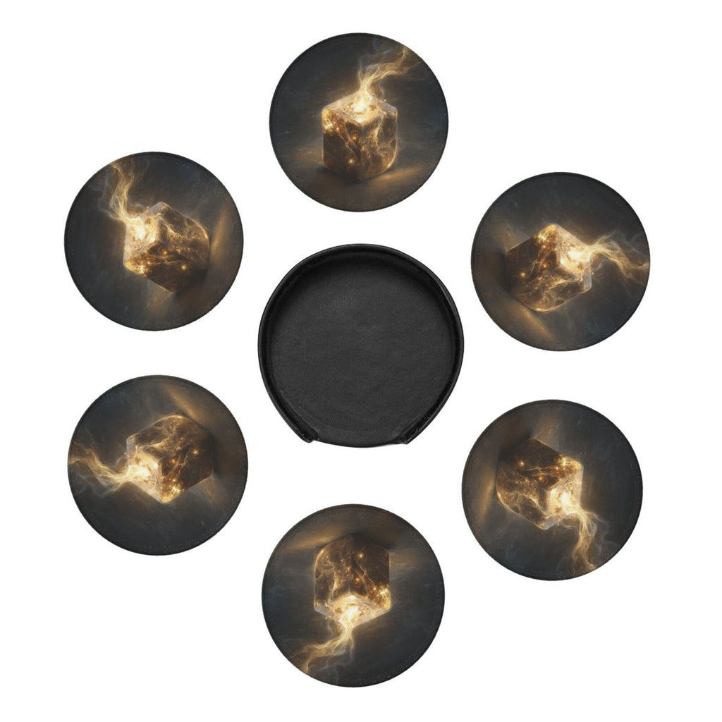 6 - Pack Round Leather Coasters: Mysterious Glowing Cube Pattern, Exquisite Storage, Protecting the Desktop