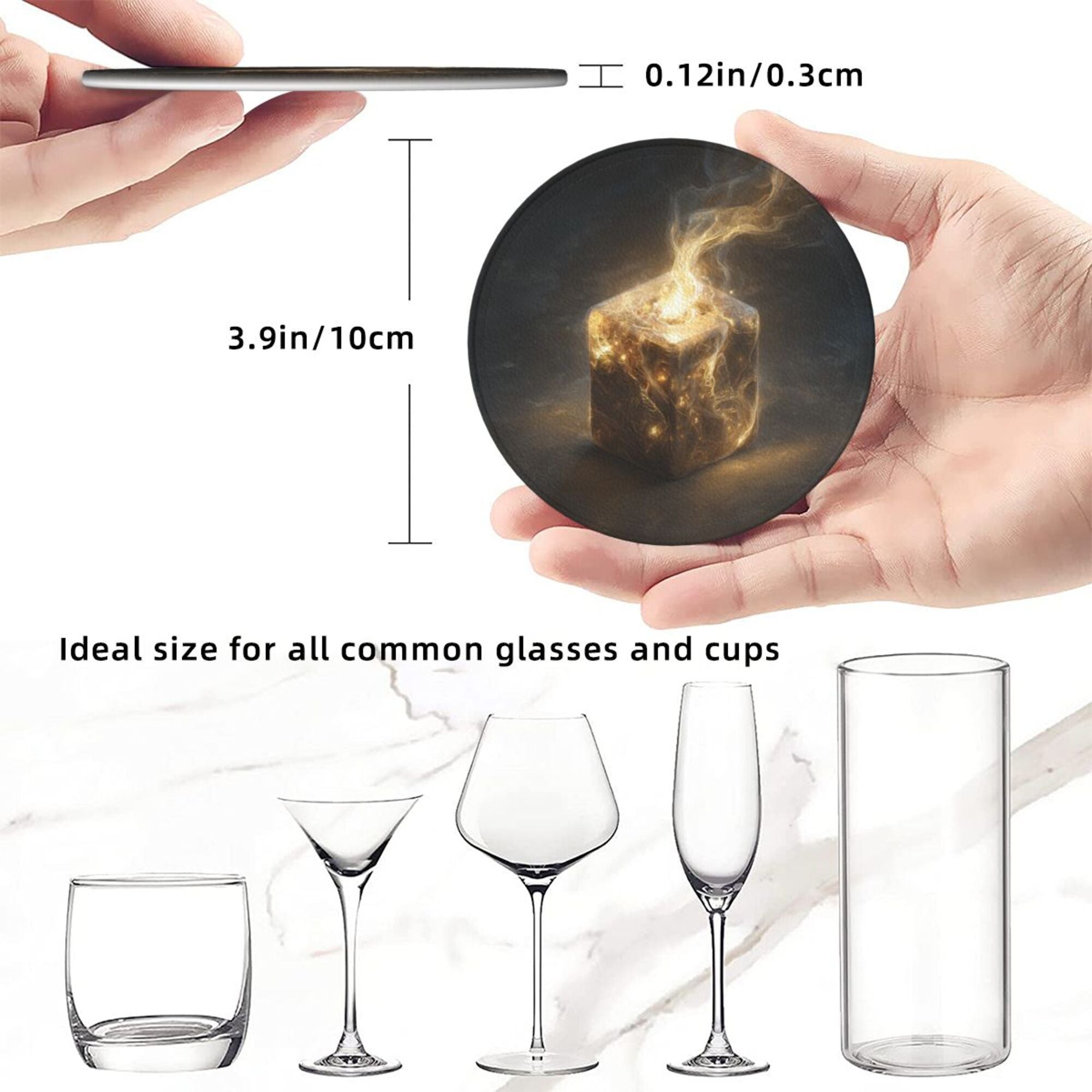 6 - Pack Round Leather Coasters: Mysterious Glowing Cube Pattern, Exquisite Storage, Protecting the Desktop