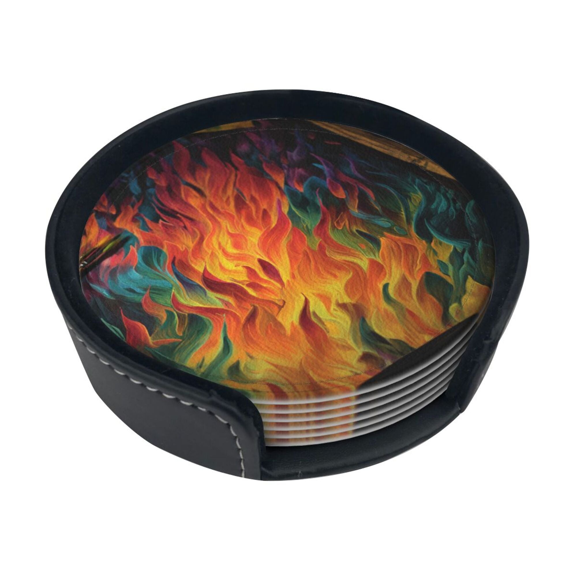 6 - Pack Round Leather Coasters: Gorgeous Flame Pattern, Thoughtful Storage, A Great Helper for Desktop Protection