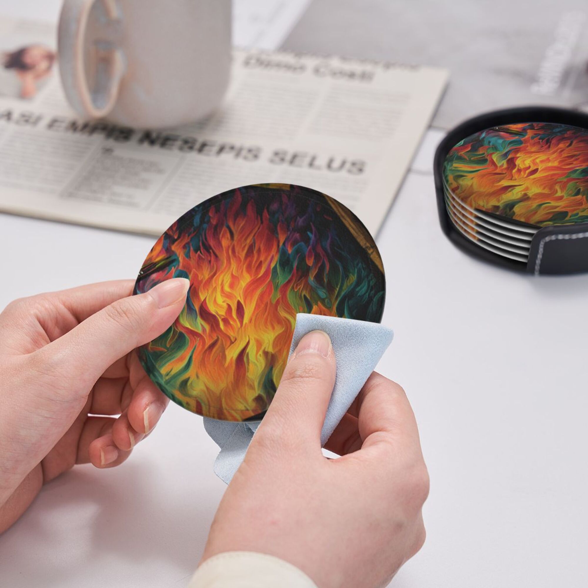 6 - Pack Round Leather Coasters: Gorgeous Flame Pattern, Thoughtful Storage, A Great Helper for Desktop Protection