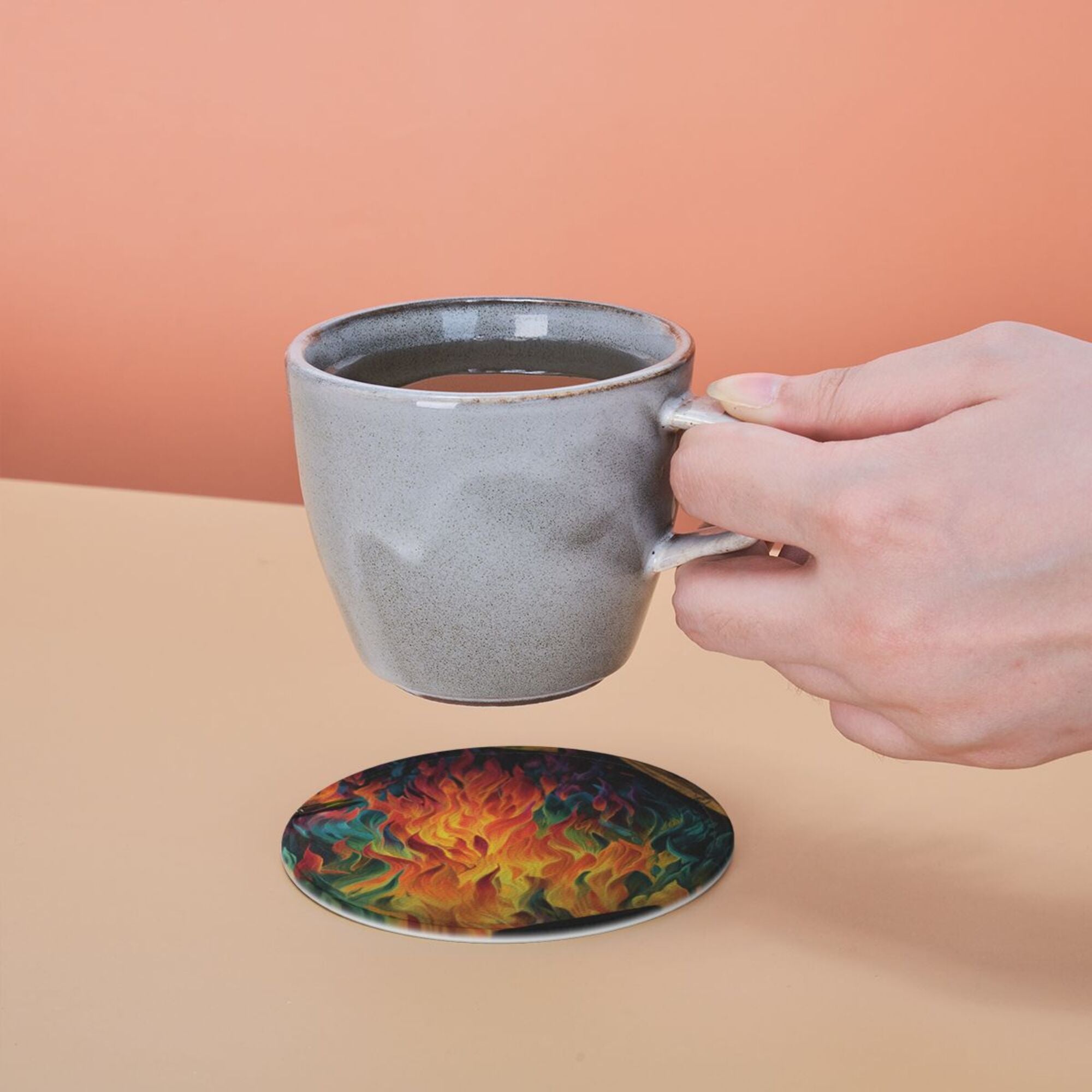 6 - Pack Round Leather Coasters: Gorgeous Flame Pattern, Thoughtful Storage, A Great Helper for Desktop Protection