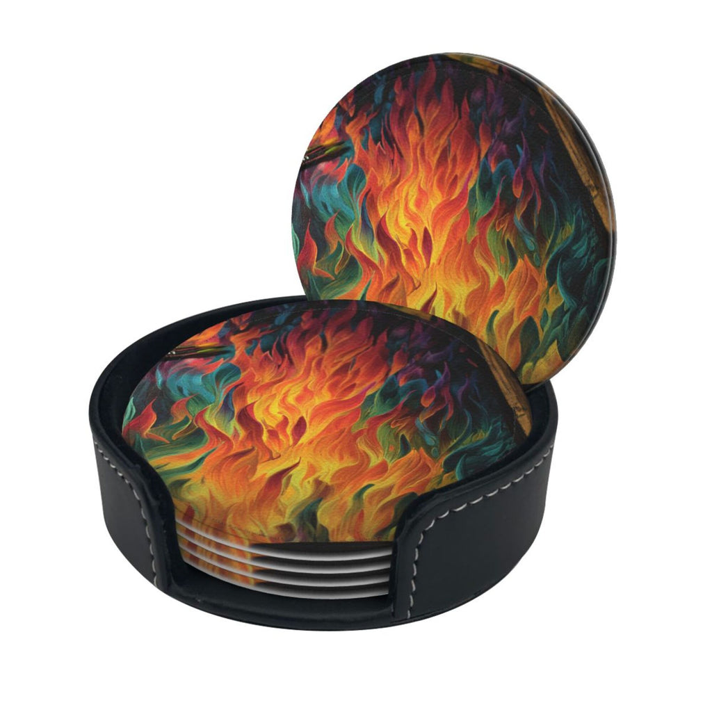 6 - Pack Round Leather Coasters: Gorgeous Flame Pattern, Thoughtful Storage, A Great Helper for Desktop Protection