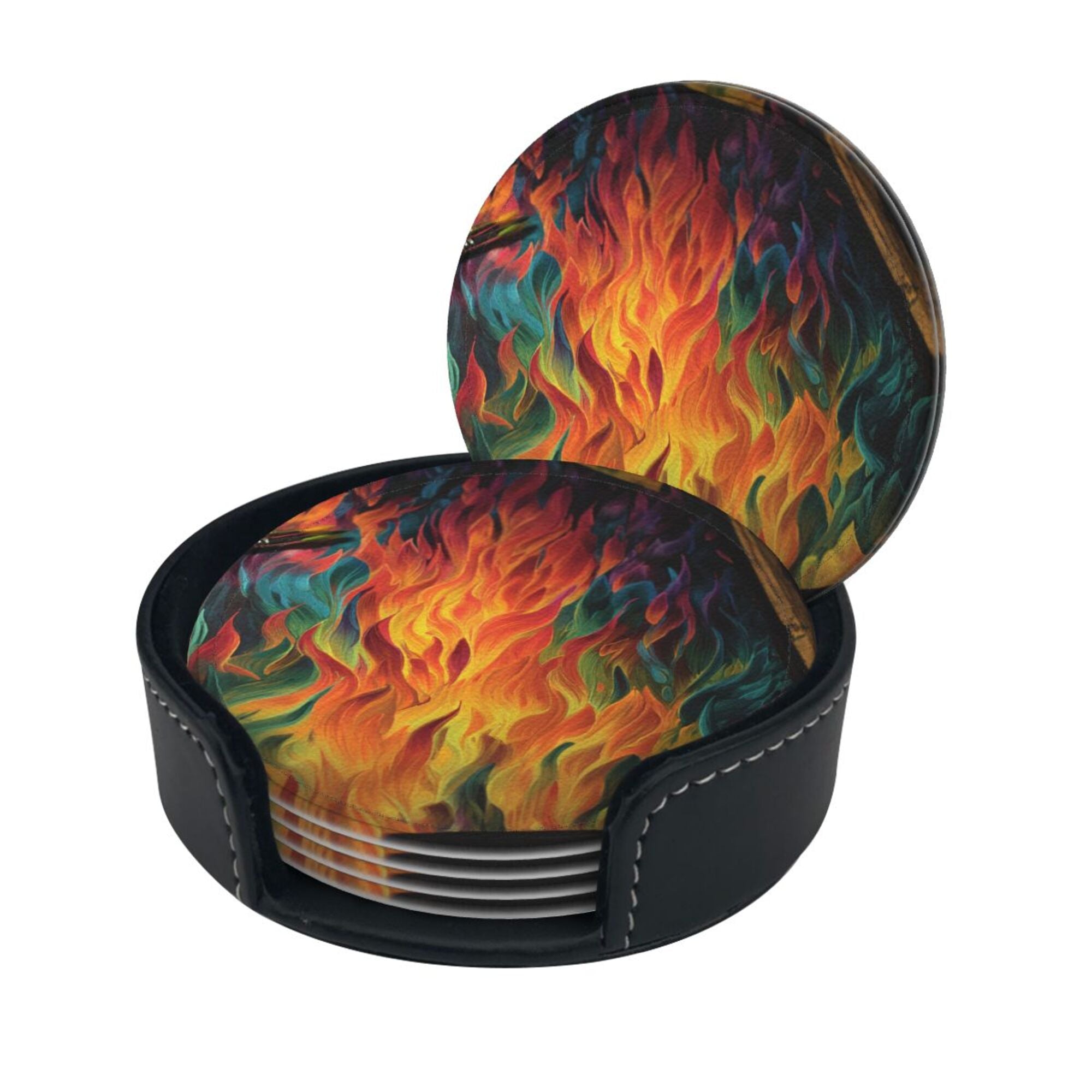 6 - Pack Round Leather Coasters: Gorgeous Flame Pattern, Thoughtful Storage, A Great Helper for Desktop Protection