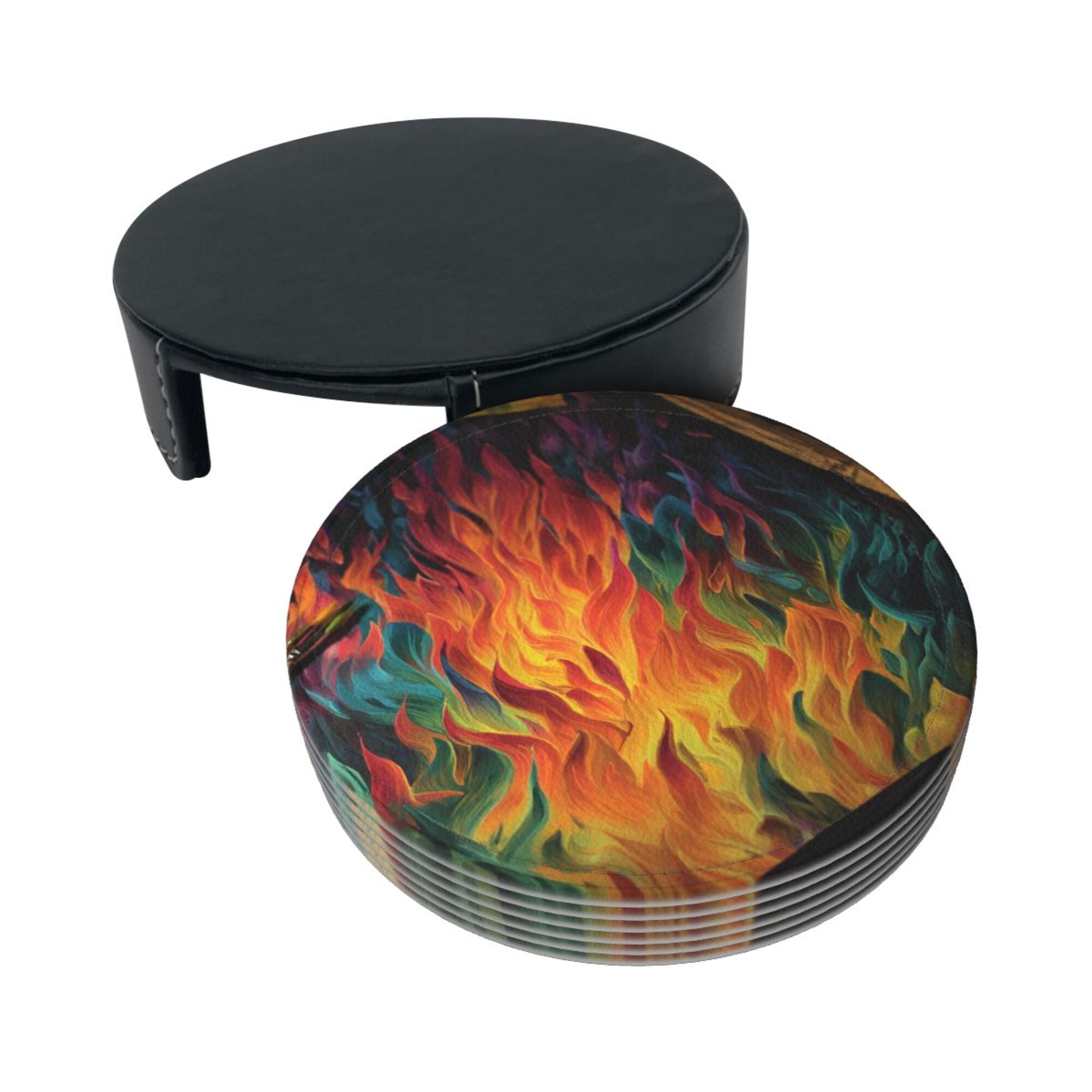 6 - Pack Round Leather Coasters: Gorgeous Flame Pattern, Thoughtful Storage, A Great Helper for Desktop Protection