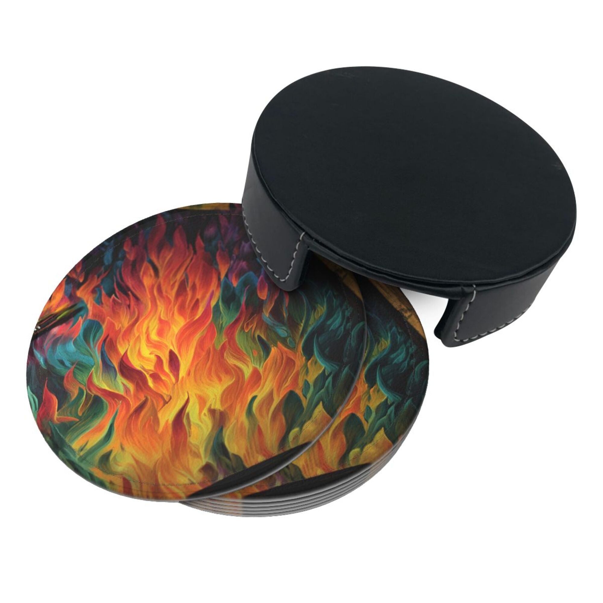 6 - Pack Round Leather Coasters: Gorgeous Flame Pattern, Thoughtful Storage, A Great Helper for Desktop Protection