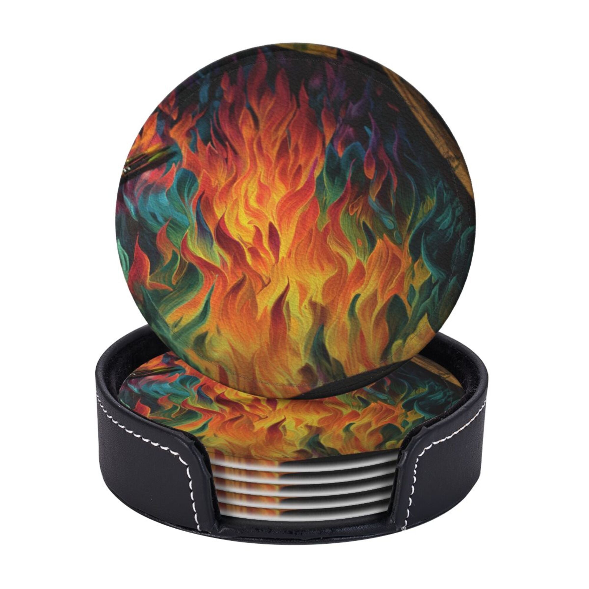 6 - Pack Round Leather Coasters: Gorgeous Flame Pattern, Thoughtful Storage, A Great Helper for Desktop Protection