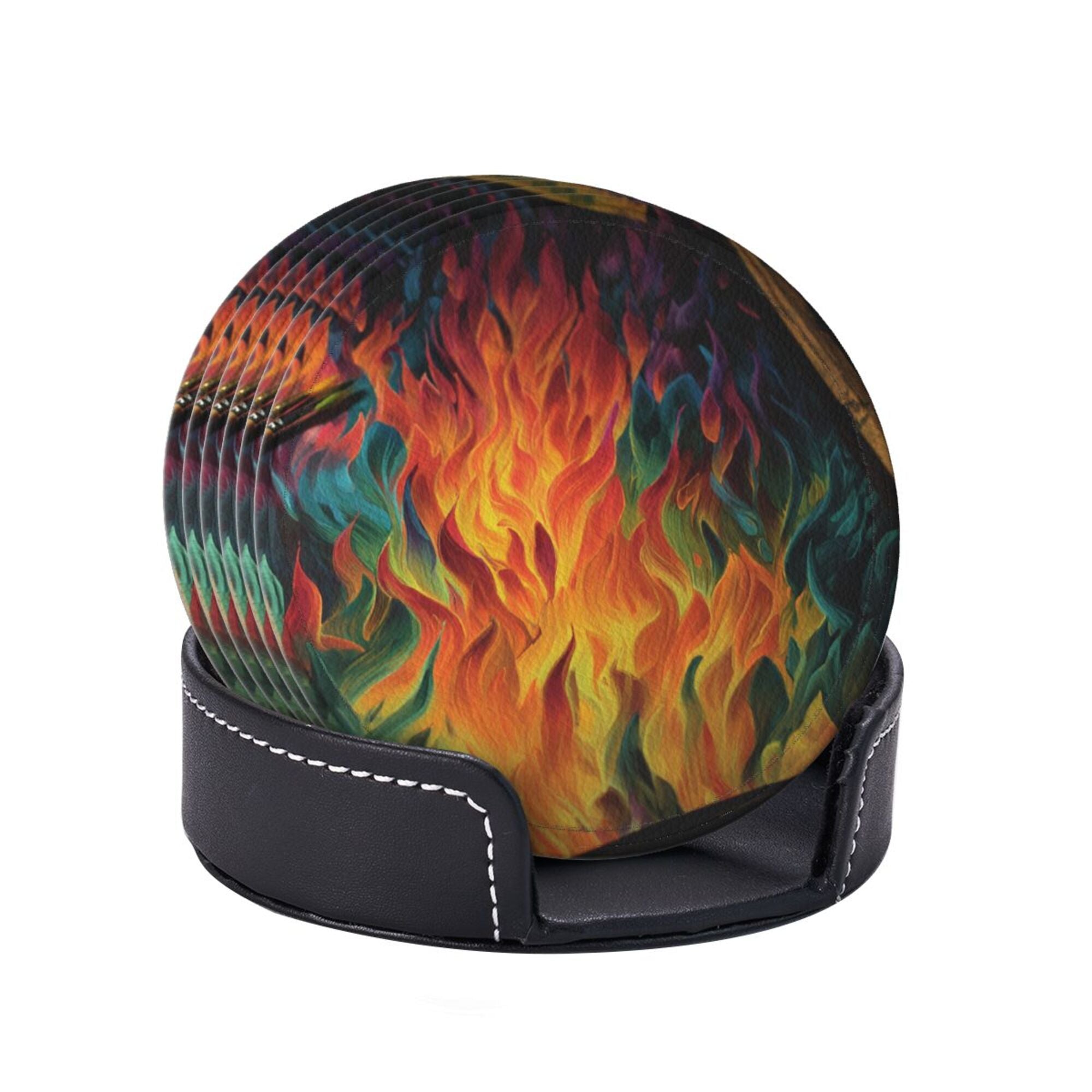 6 - Pack Round Leather Coasters: Gorgeous Flame Pattern, Thoughtful Storage, A Great Helper for Desktop Protection