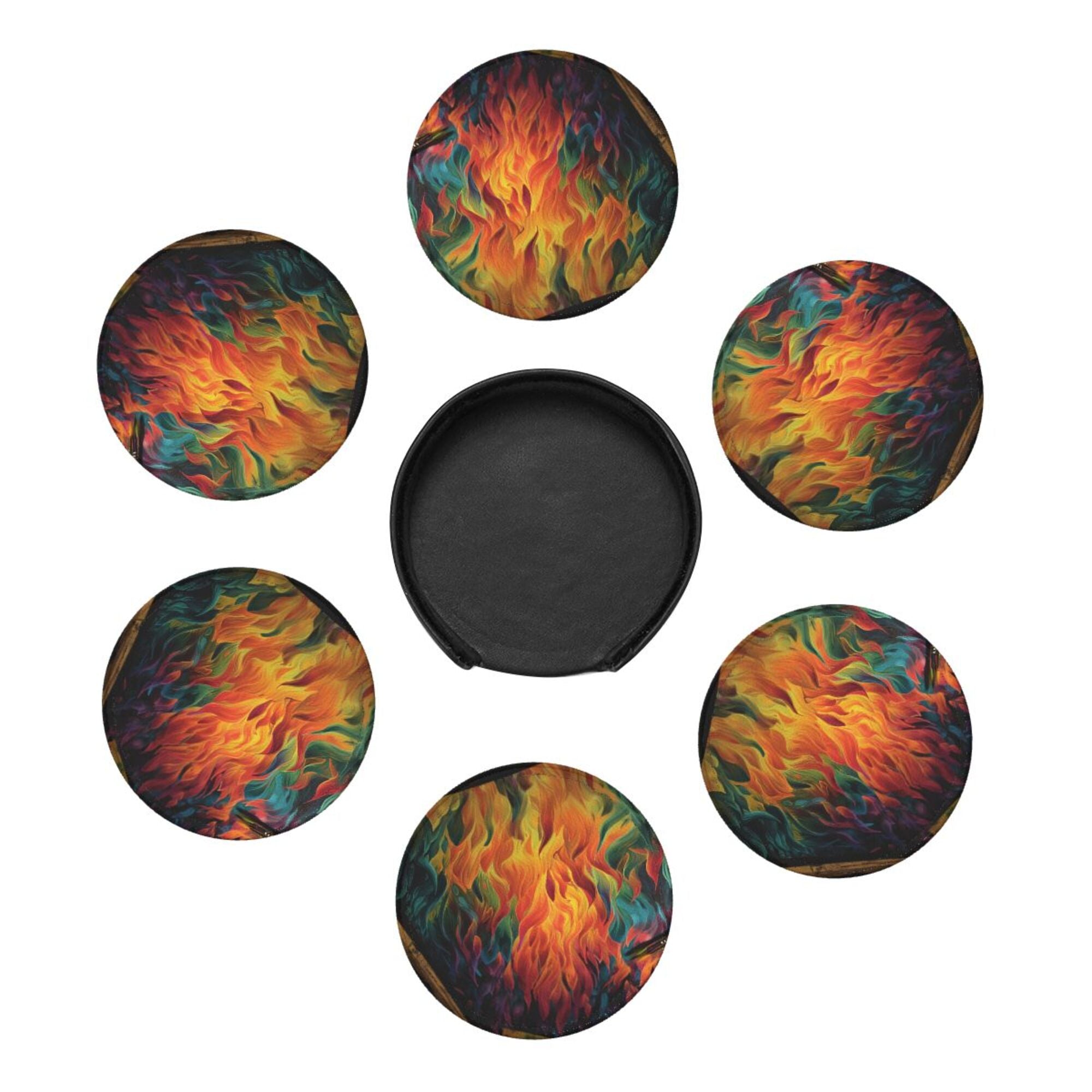 6 - Pack Round Leather Coasters: Gorgeous Flame Pattern, Thoughtful Storage, A Great Helper for Desktop Protection