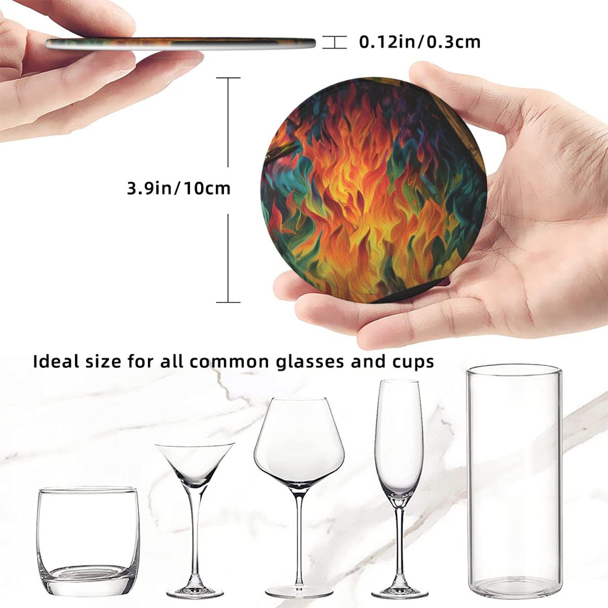 6 - Pack Round Leather Coasters: Gorgeous Flame Pattern, Thoughtful Storage, A Great Helper for Desktop Protection