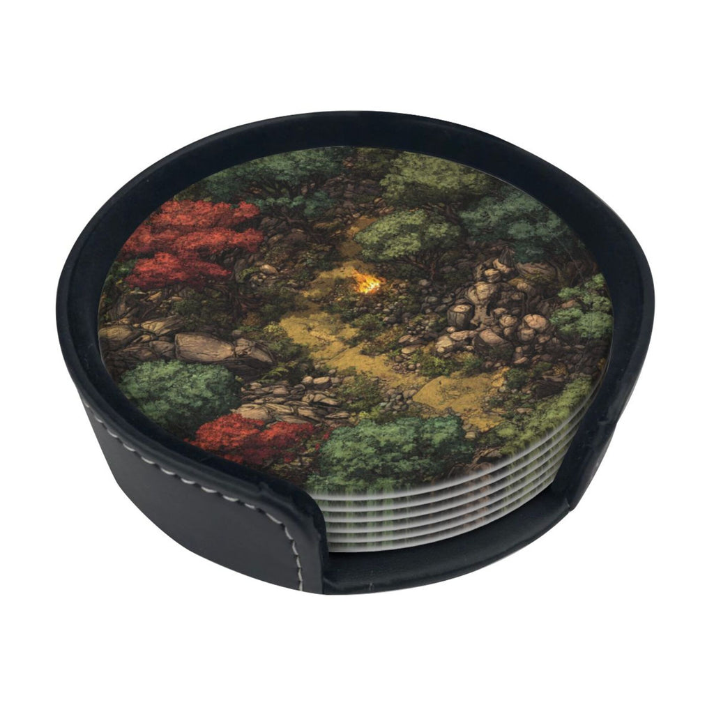 6 - Pack Round Leather Coasters: Forest Campfire Pattern, Exquisite Storage, Protecting the Desktop