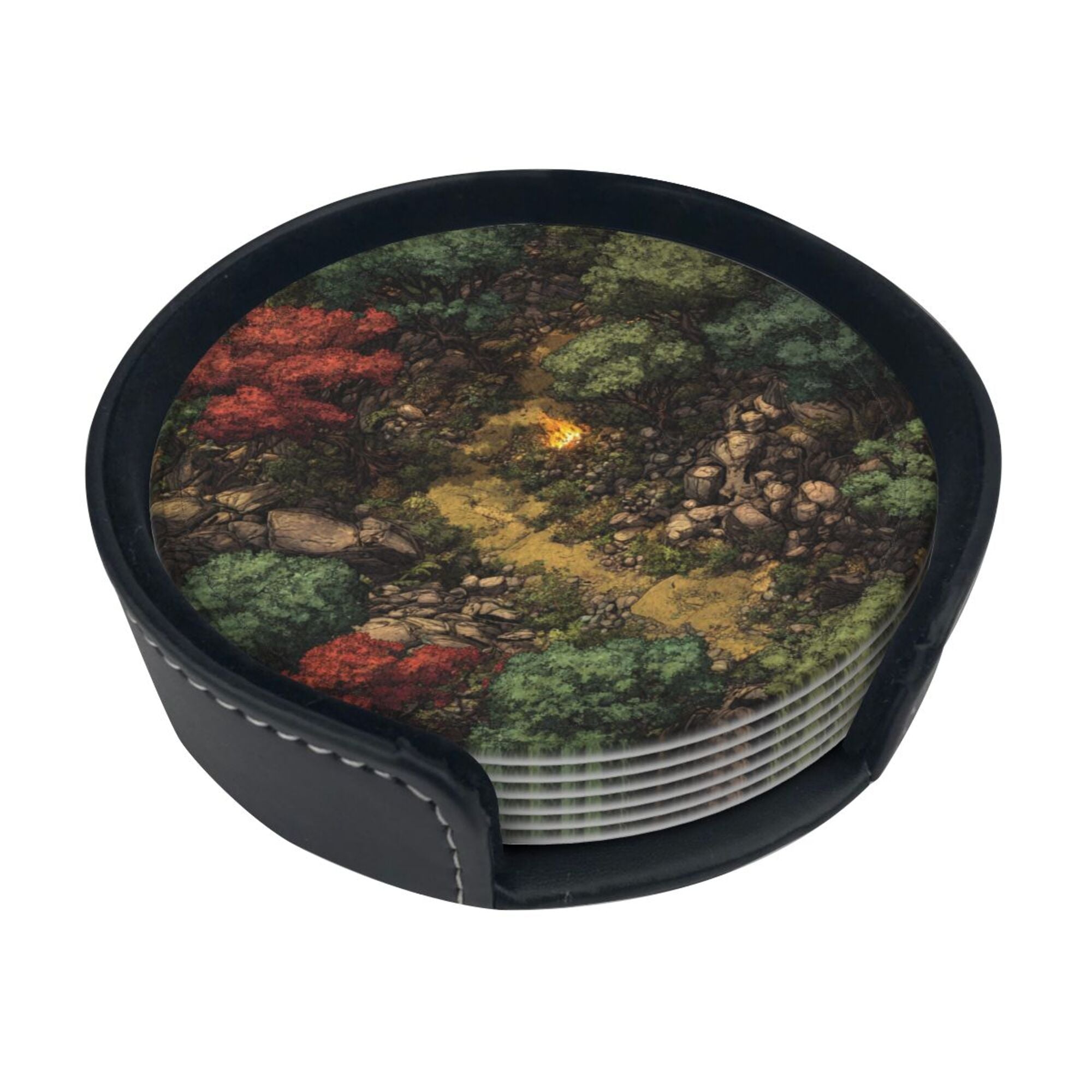 6 - Pack Round Leather Coasters: Forest Campfire Pattern, Exquisite Storage, Protecting the Desktop