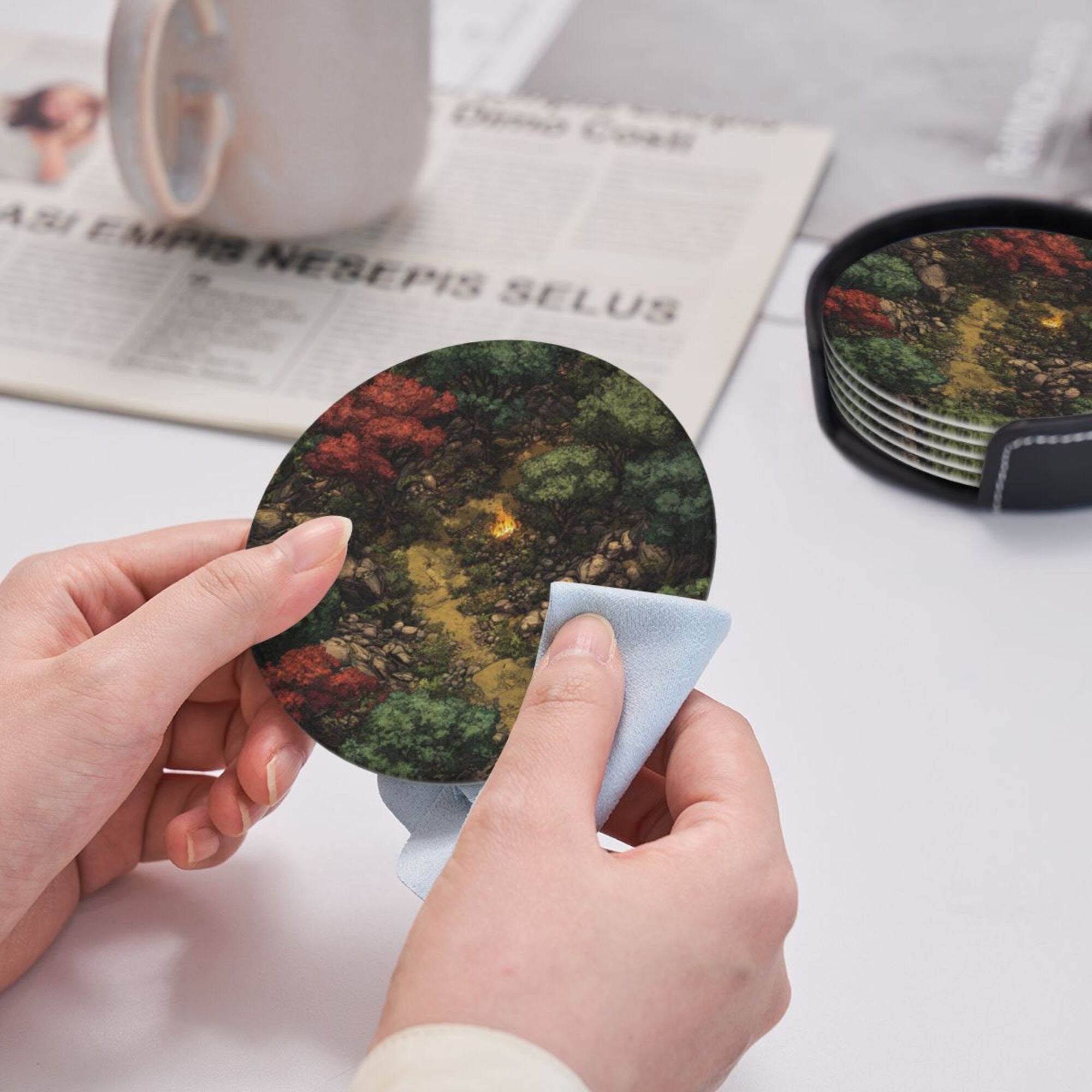 6 - Pack Round Leather Coasters: Forest Campfire Pattern, Exquisite Storage, Protecting the Desktop