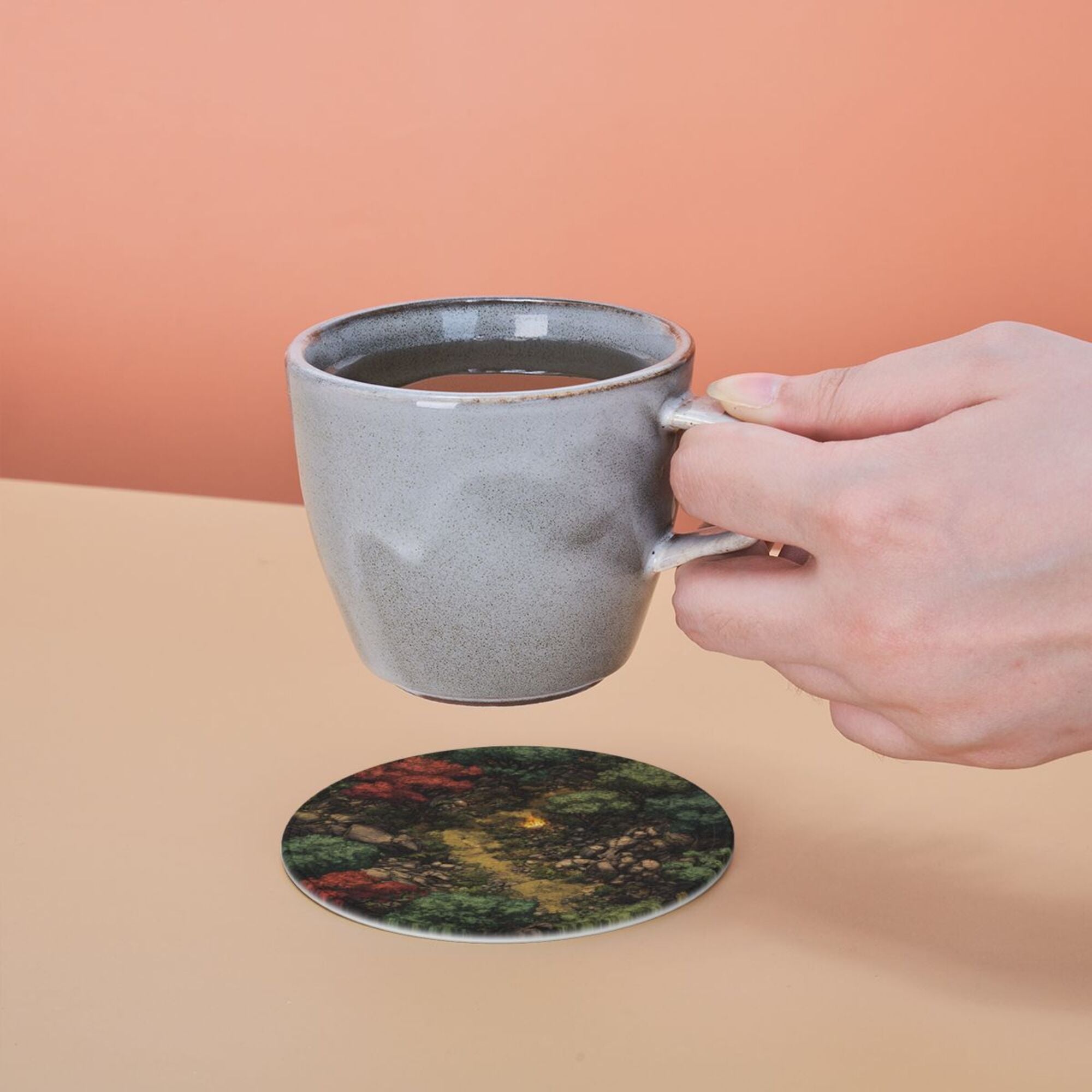 6 - Pack Round Leather Coasters: Forest Campfire Pattern, Exquisite Storage, Protecting the Desktop