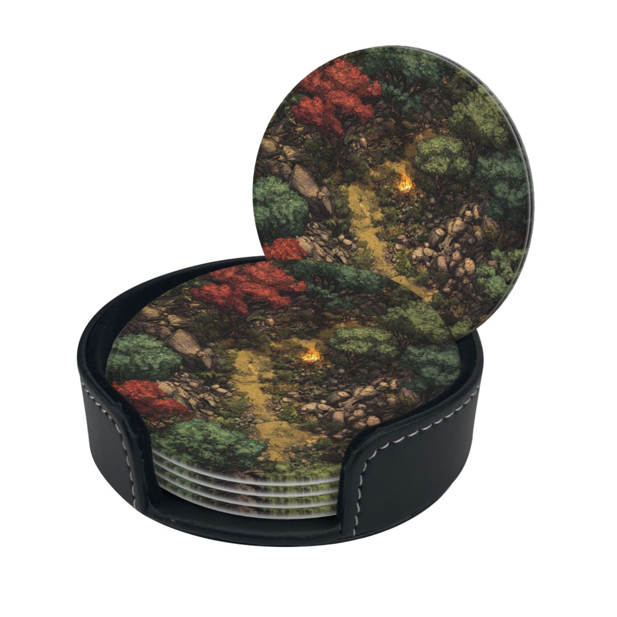 6 - Pack Round Leather Coasters: Forest Campfire Pattern, Exquisite Storage, Protecting the Desktop