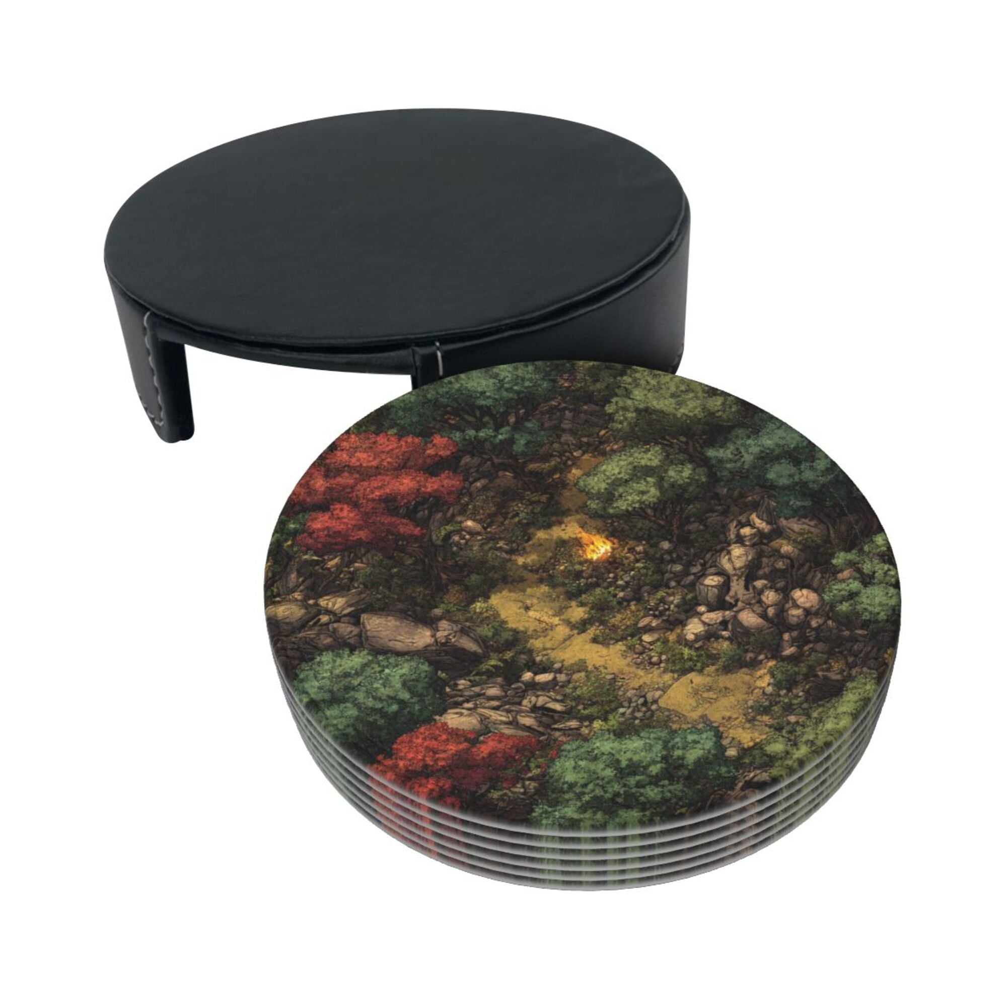 6 - Pack Round Leather Coasters: Forest Campfire Pattern, Exquisite Storage, Protecting the Desktop