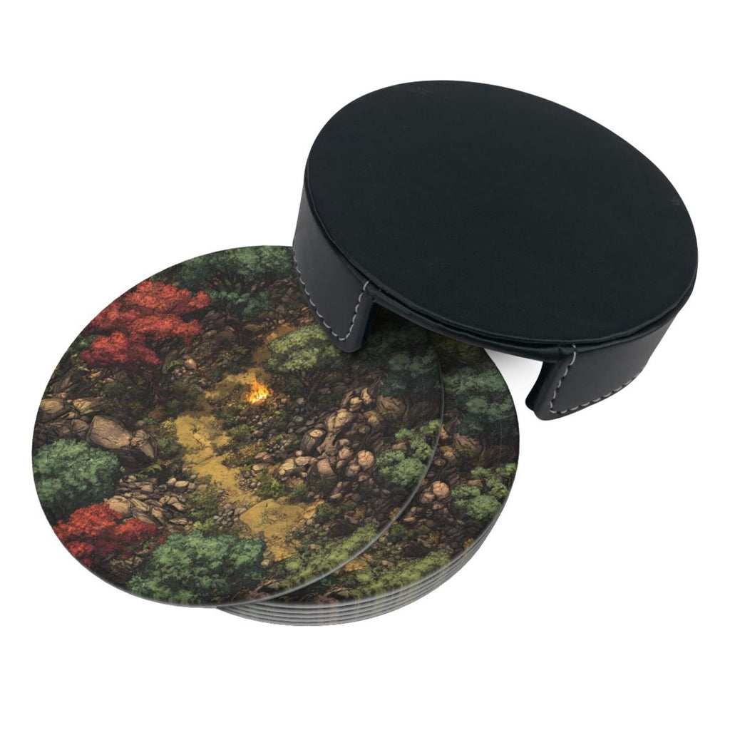 6 - Pack Round Leather Coasters: Forest Campfire Pattern, Exquisite Storage, Protecting the Desktop