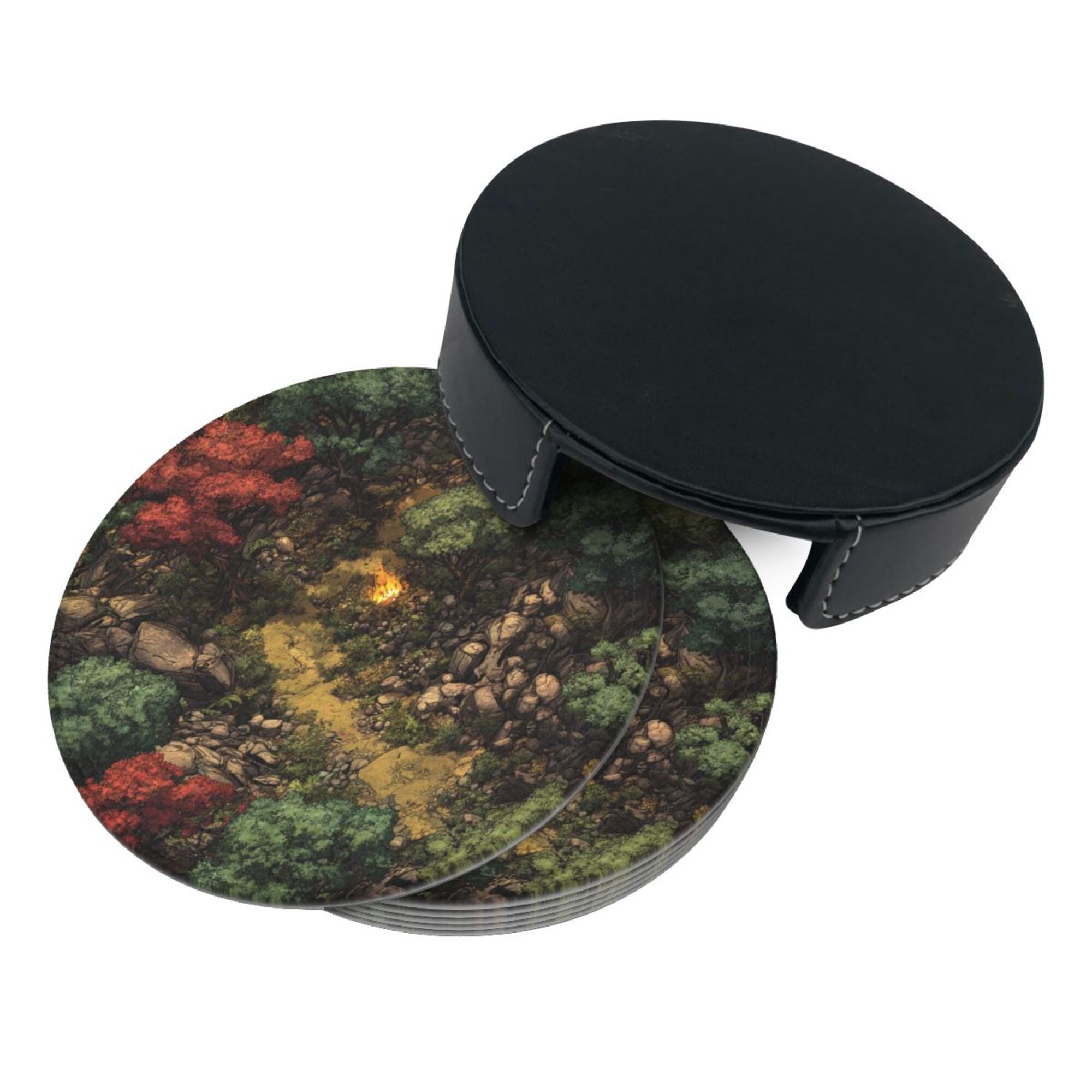 6 - Pack Round Leather Coasters: Forest Campfire Pattern, Exquisite Storage, Protecting the Desktop