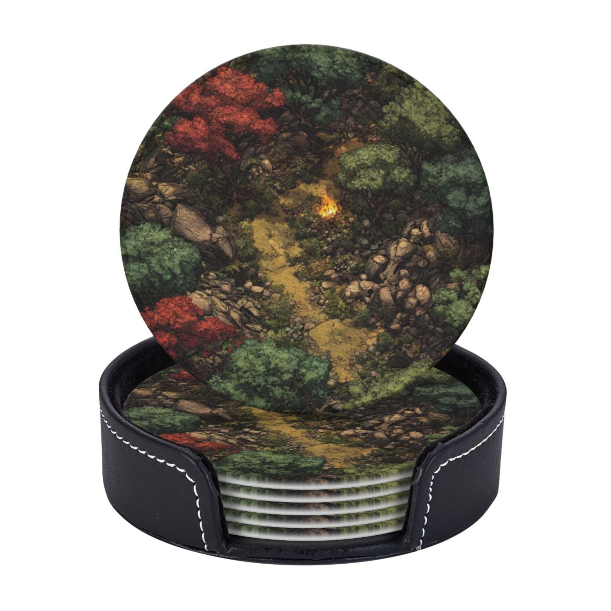 6 - Pack Round Leather Coasters: Forest Campfire Pattern, Exquisite Storage, Protecting the Desktop