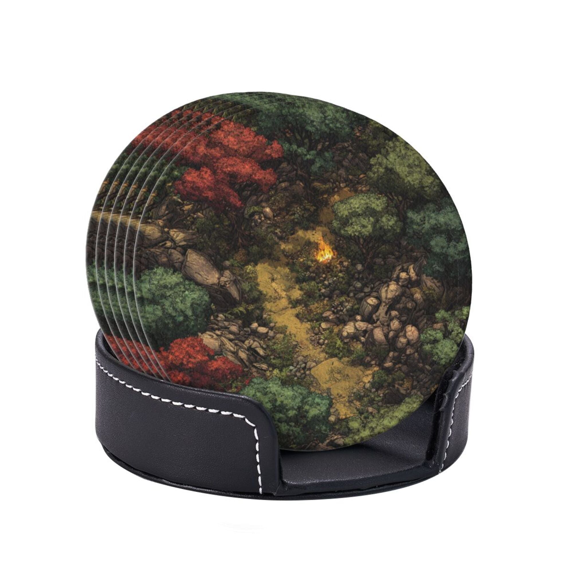6 - Pack Round Leather Coasters: Forest Campfire Pattern, Exquisite Storage, Protecting the Desktop