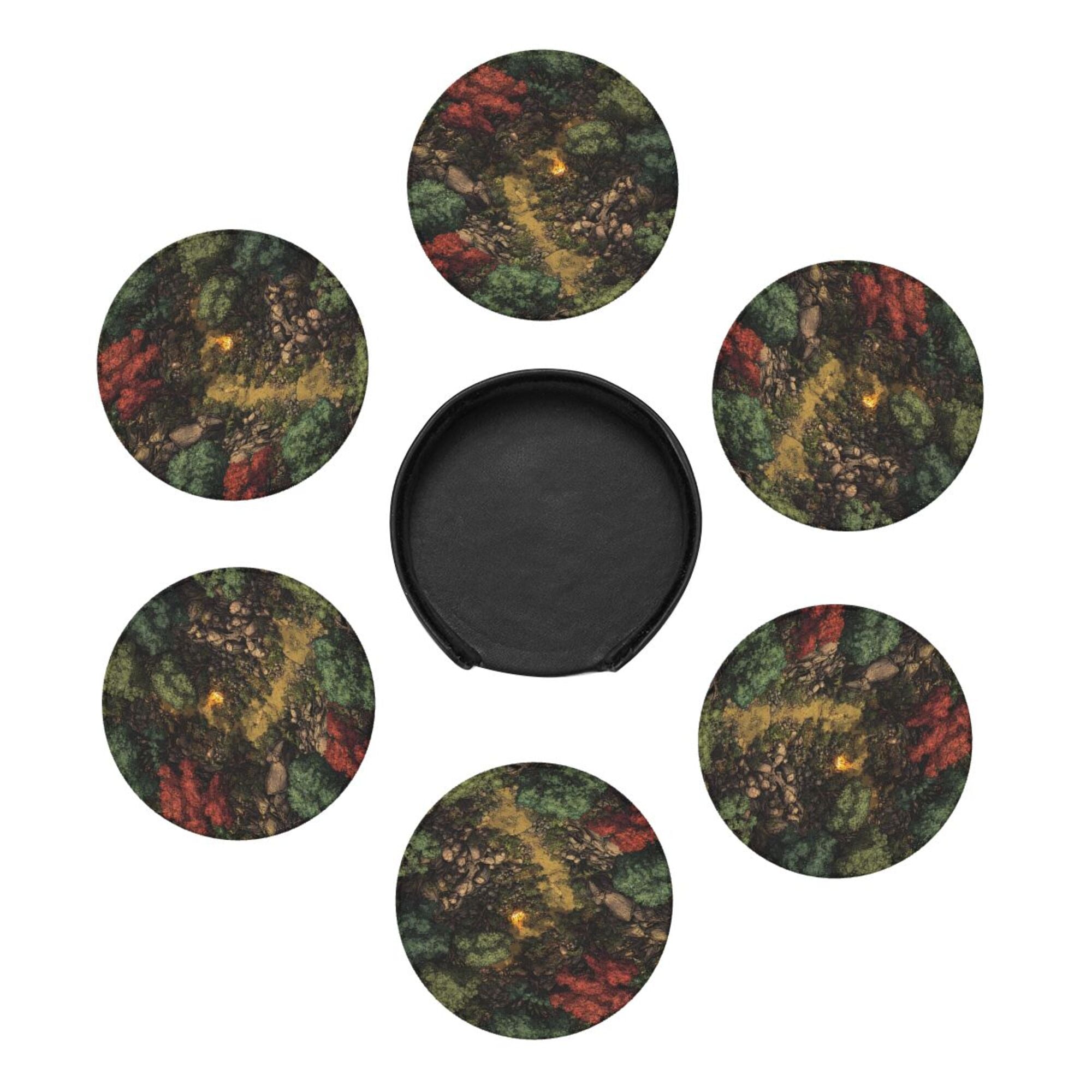 6 - Pack Round Leather Coasters: Forest Campfire Pattern, Exquisite Storage, Protecting the Desktop