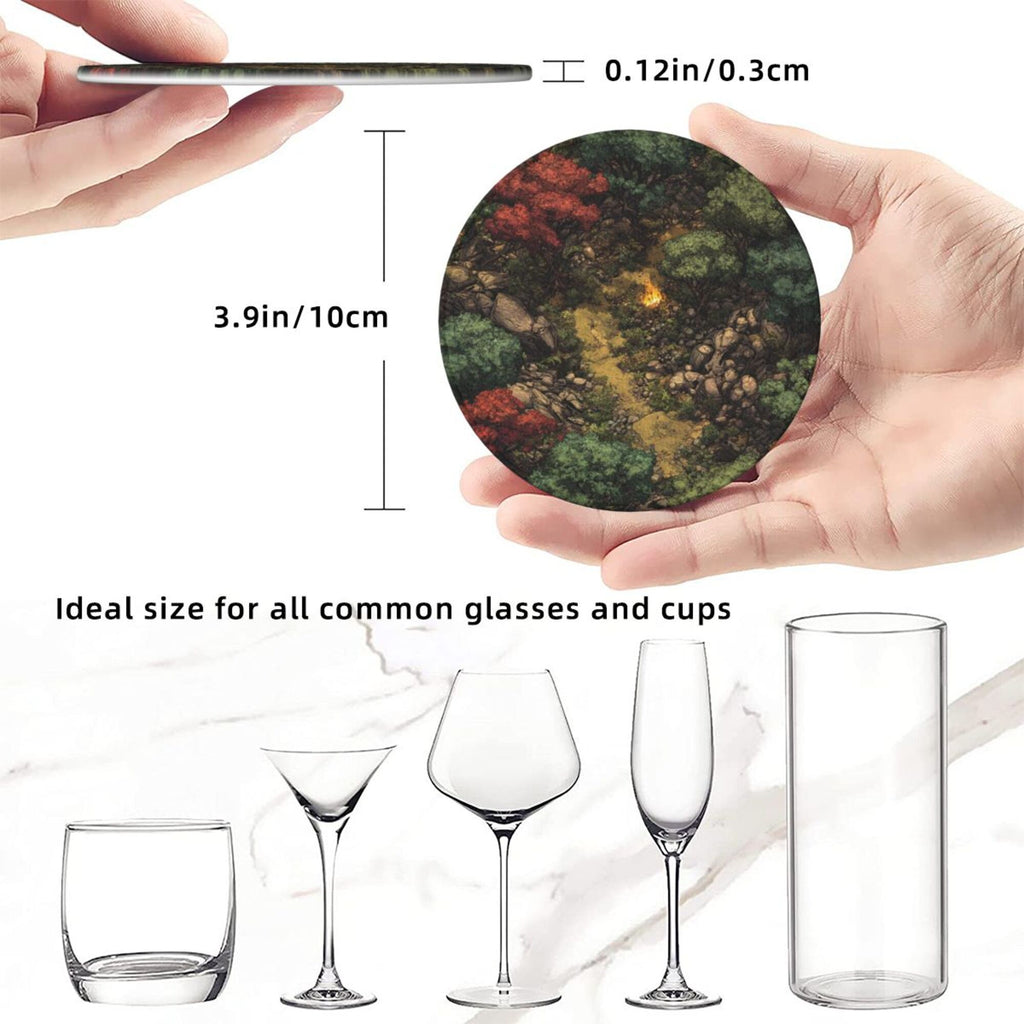 6 - Pack Round Leather Coasters: Forest Campfire Pattern, Exquisite Storage, Protecting the Desktop