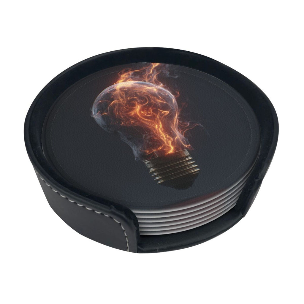 6 - Pack Round Leather Coasters: Flame Bulb Pattern, Exquisite Storage, Protecting the Desktop